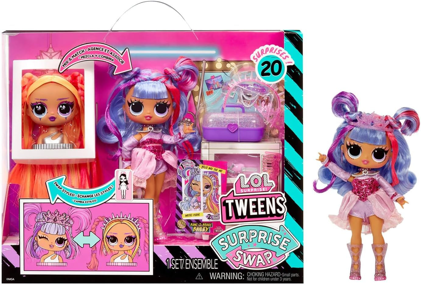 LOL Surprise Tweens Surprise Swap Series - Buns-2-Braids Bailey - Bambola alla moda con oltre 20 sorprese, inclusa una testa per lo styling e fantastici accessori e abiti - dai 4 anni in su