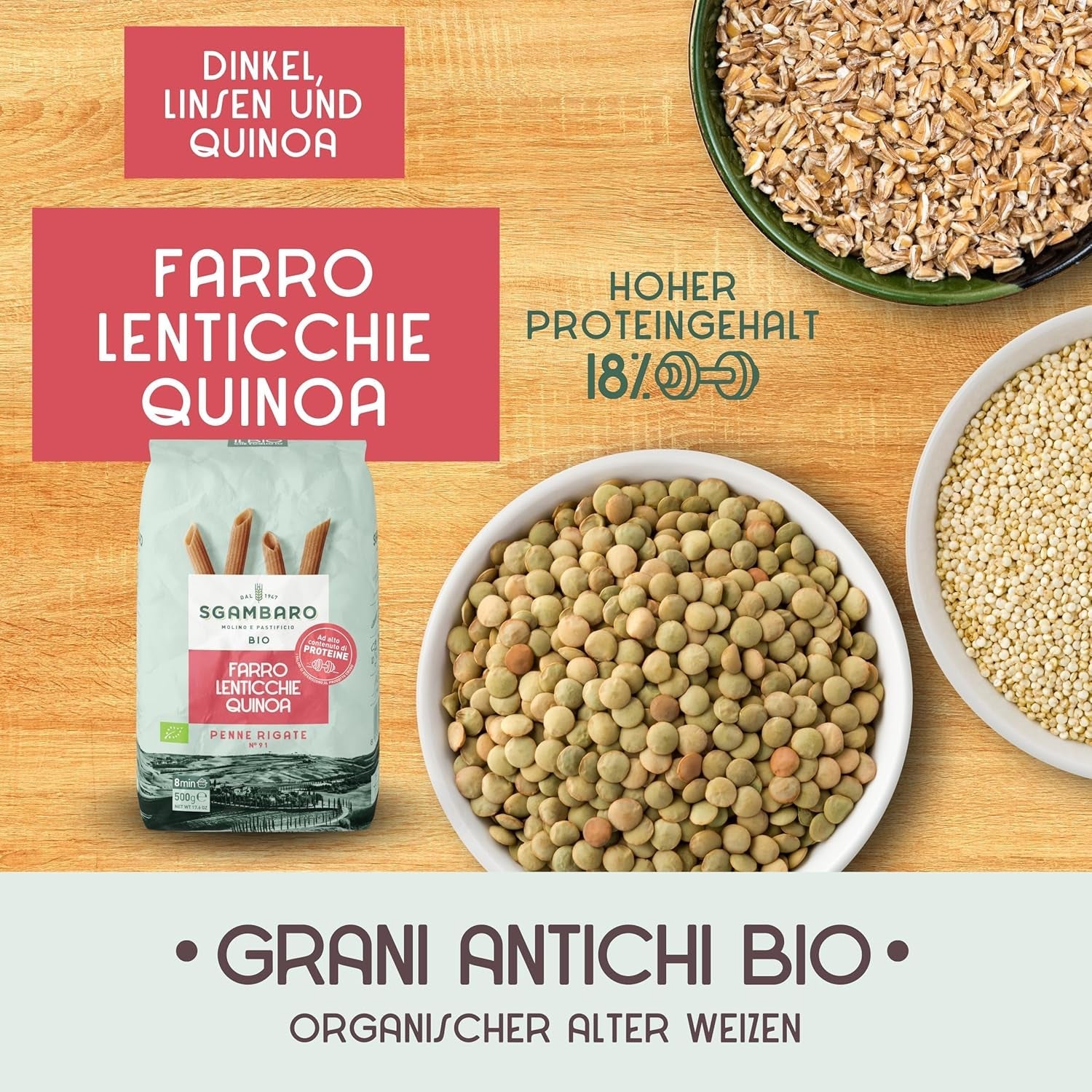 Penne Rigate Biologiche N.91 - 500g con farina di farro, farina di lenticchie e farina di quinoa - Ricche di proteine, fonte di fibre e proteine