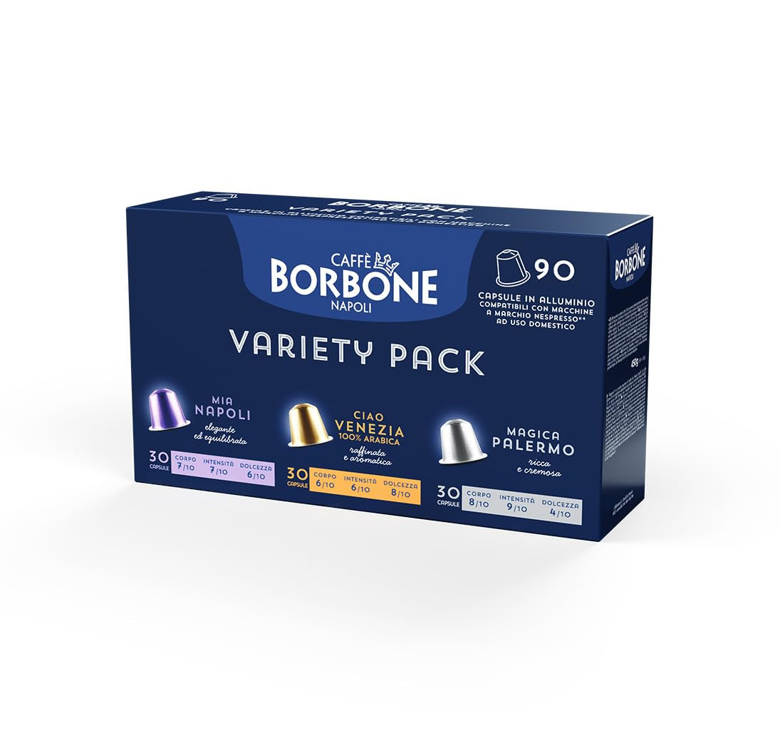 Kit Verkostung Caffè Borbone, 90 Capsule in Alluminio: 30 Mia Napoli, 30 Ciao Venezia, 30 Magica Palermo, (3 x 30 Stück) – Compatibili con Kaffeemaschinen für den Hausgebrauch della marca Nespresso®*