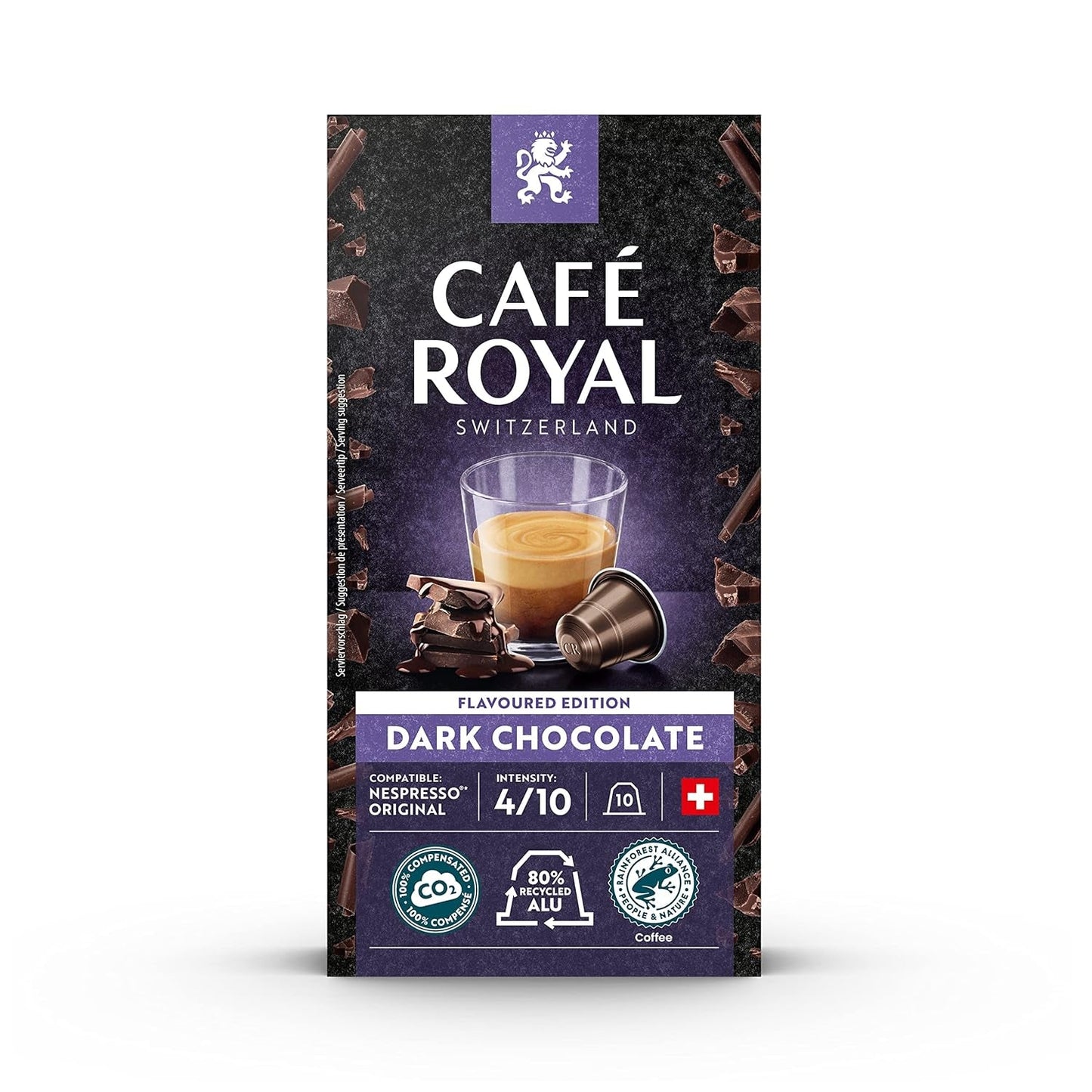 Café Royal aromatizzato al cioccolato fondente, 100 capsule per macchina da caffè Nespresso - 4/10 intensità - zertifiziert UTZ, in alluminio e lungo 36 capsule per macchina da caffè Nespresso - 4/10 intensità