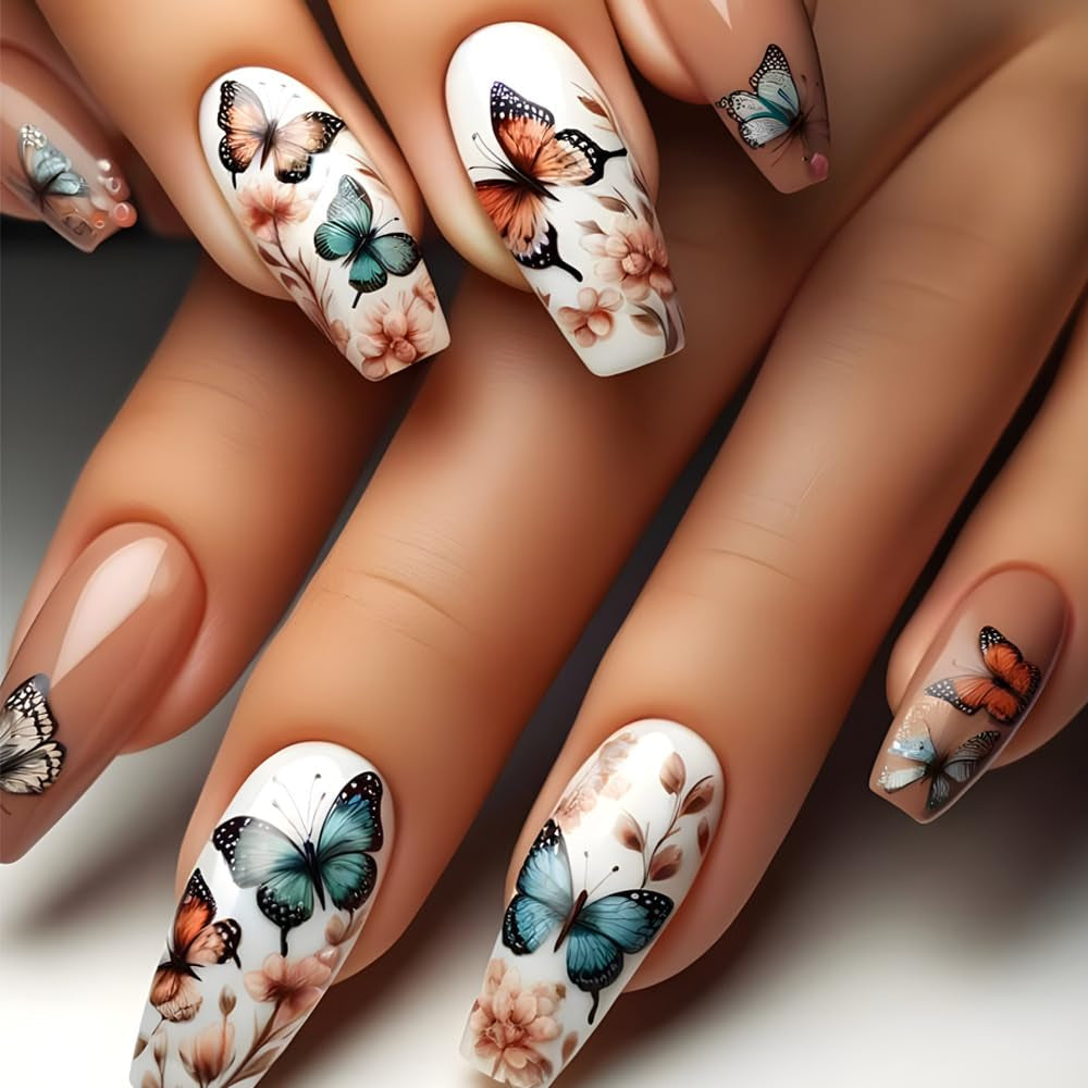 24 pezzi stampa lunga sulle unghie bara unghie artificiali fiore farfalla unghie adesive bianco marrone acrilico set di unghie punte per unghie donna primavera estate accessori per unghie
