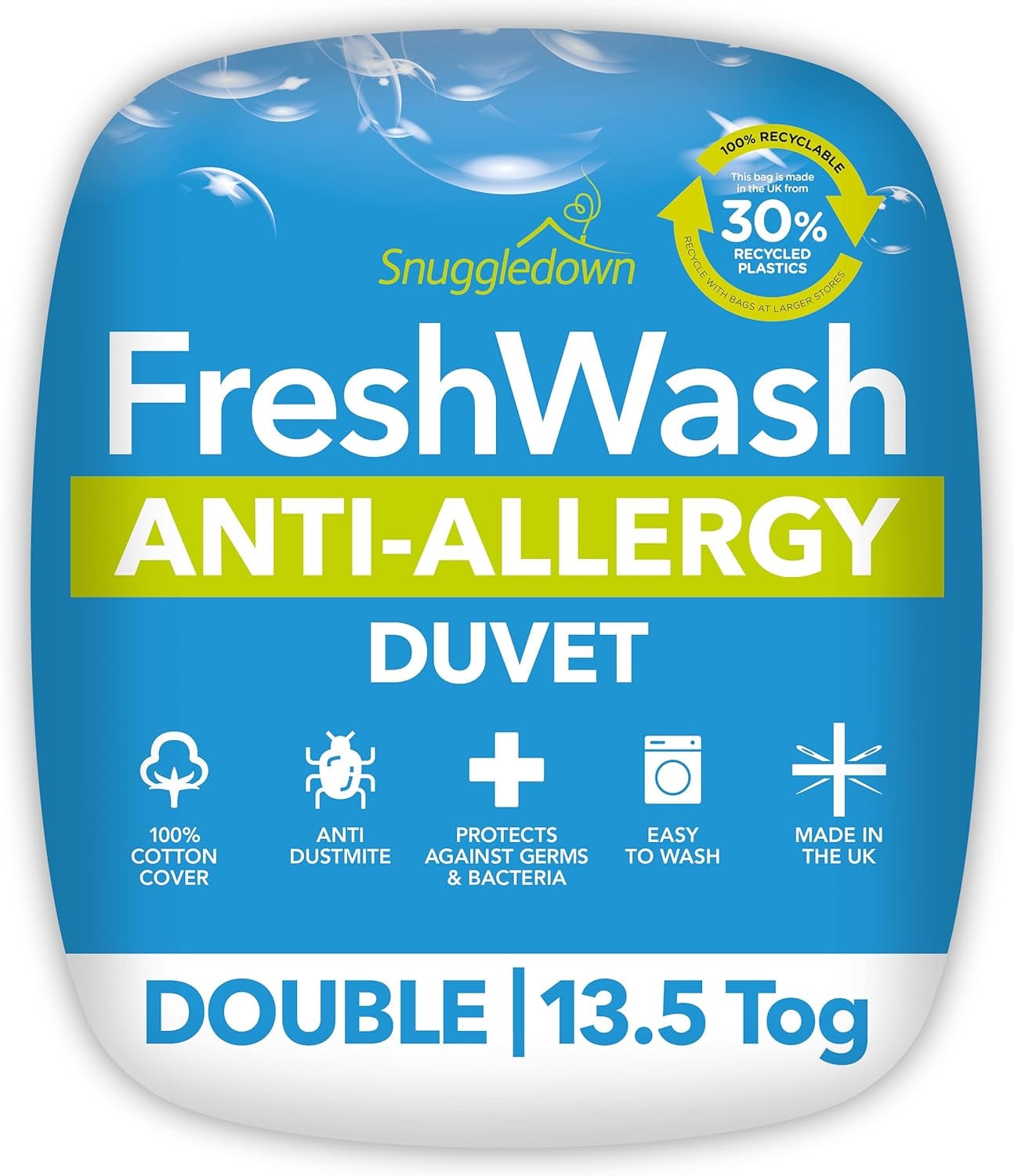 Trapunta per allergie Snuggledown Freshwash, 13,5 Tog Winter Warm, cotone, bianco, letto singolo Piumini e trapunte Naty Shop 10 X 200 X 200 Cm 13,5 Tog