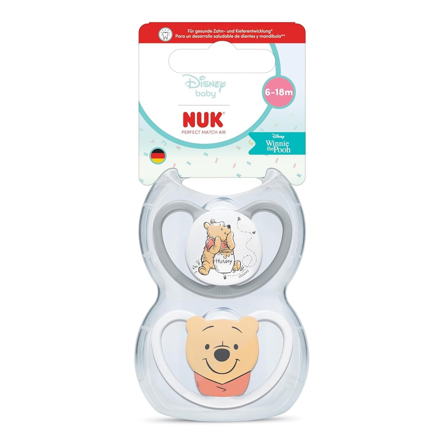 Ciucci NUK Perfect Match per neonati | 6-18 mesi | Ciucci ortodontici che favoriscono la circolazione dell'aria e prevengono le eruzioni cutanee causate dalla saliva | 95% di accettazione da parte dei bambini** | Disney Winnie the Pooh | Confezione da 2