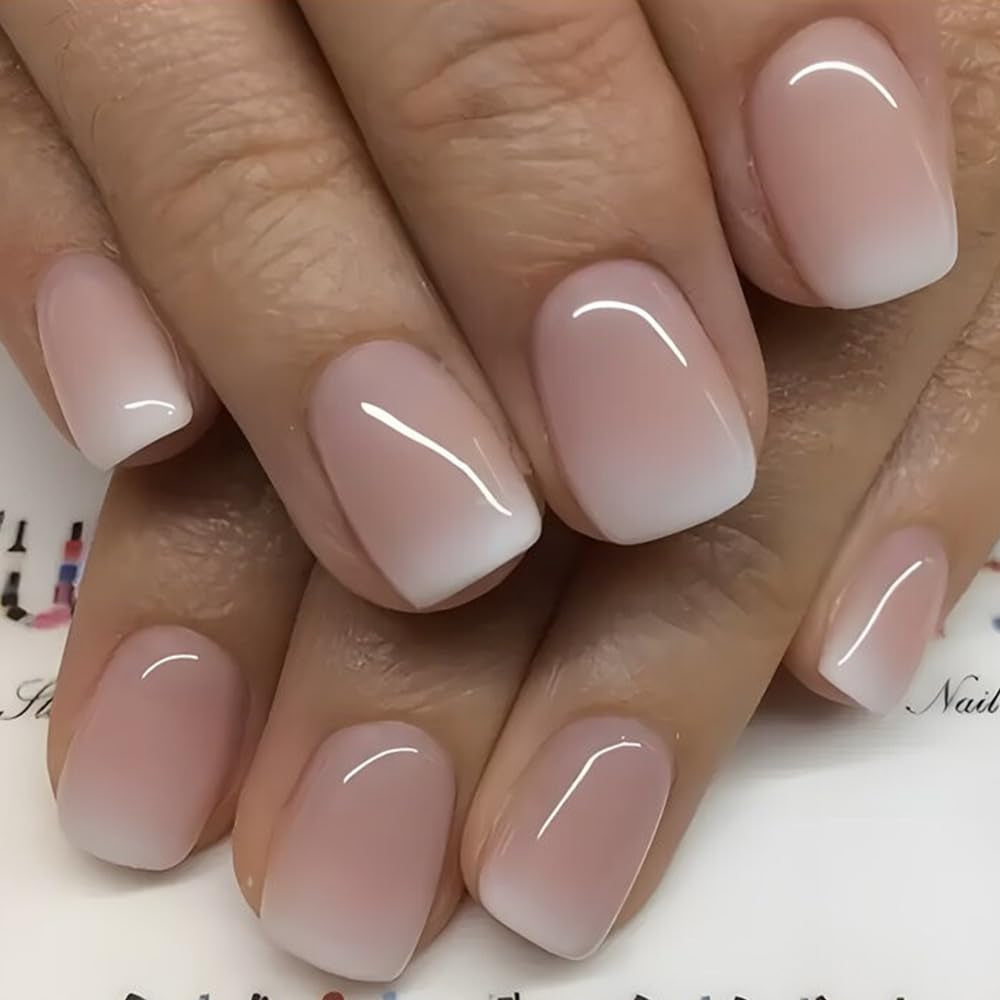 Set unghie finte adesive - Unghie finte francesi - 24 pezzi Design quadrato corto Unghie artificiali con sfumatura rosa bianca e manicure con ballerina (Short Pink Gradient)