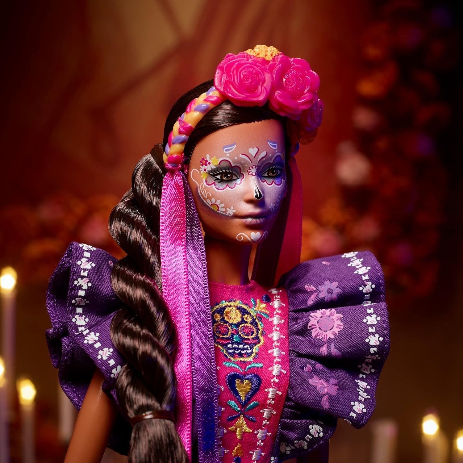 Bambola Barbie Día De Muertos 2022 con abito tradizionale arricciato, ghirlanda di fiori e pittura per il viso Calavera, regalo per collezionisti