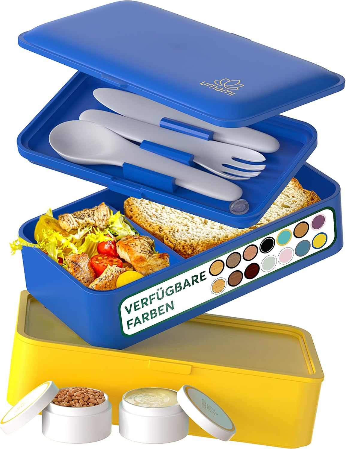 Portapranzo Umami per Adulti, Bento Box impilabile con 4 posate e scomparti, Portapranzo per adulti, Contenitore per insalata da asporto, Portapranzo da picnic/ufficio, Grigio antracite, 1500 ml Naty Shop Scatole per alimenti Oro Blu L - 1200 ml
