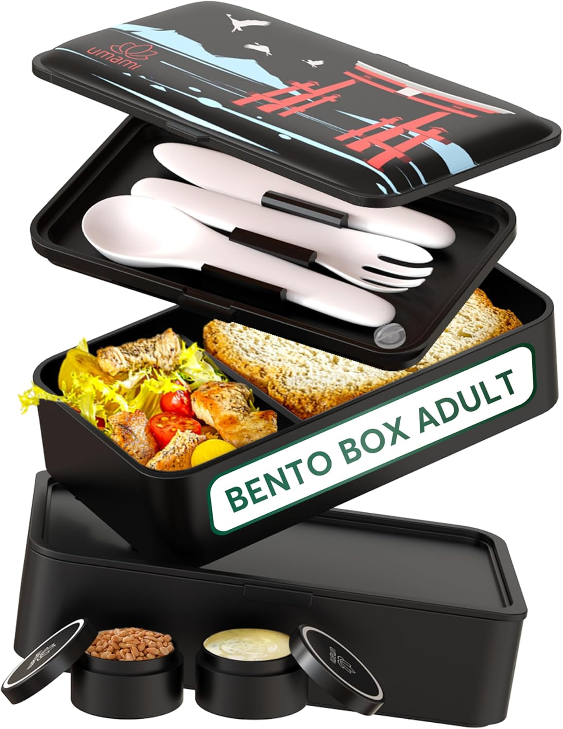 Umami Lunch Box per Adulti, Bento Box impilabile a tenuta stagna con 4 posate e scomparti, Lunch Box per adulti, Contenitore per insalata da asporto, Lunch Box per picnic/ufficio, Grigio antracite, 1500 ml Naty Shop Scatole per alimenti in PP nero - Torii Special Edition L - 1200 ml
