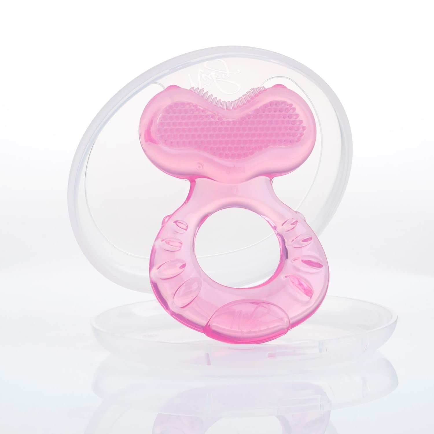 Nuby Teethe-eez Massaggiagengive in morbido silicone | Ausilio per la dentizione in silicone con superficie strutturata per massaggiare le gengive | Copertura igienica inclusa | Rosa | Da 3 mesi