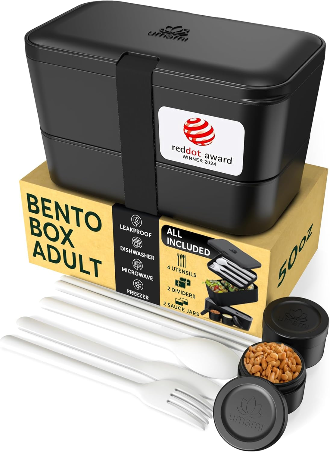 Umami Lunch Box per Adulti, Bento Box impilabile a tenuta stagna con 4 posate e scomparti, Lunch Box per adulti, Contenitore per insalata da asporto, Lunch Box per picnic/ufficio, Grigio antracite, Scatole per alimenti Naty Shop Onix Black da 1500 ml - 1500 ml L - 1500 ml impilabili l'uno dentro l'altro