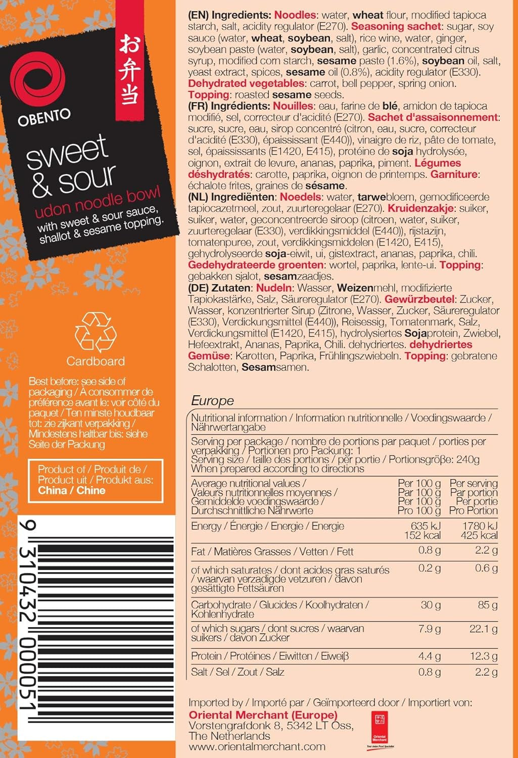 Ciotola Udon in agrodolce, piatto pronto per microonde, 240 g