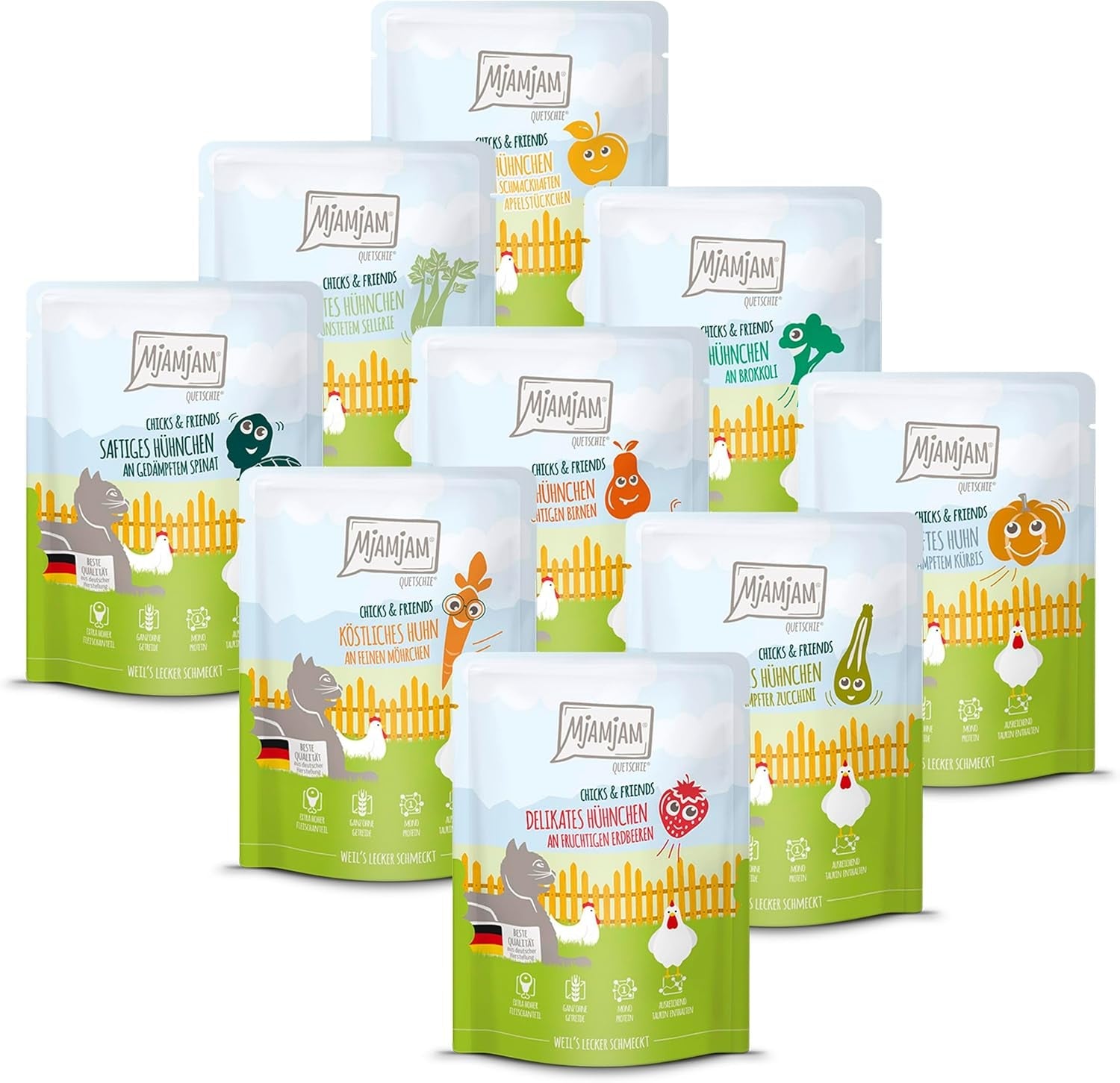 MjAMjAM - Premium Nassfutter für Katzen - Chicks & Friends Box, confezione da 9 (9 x 300 g), getreidefrei mit extra Fleisch