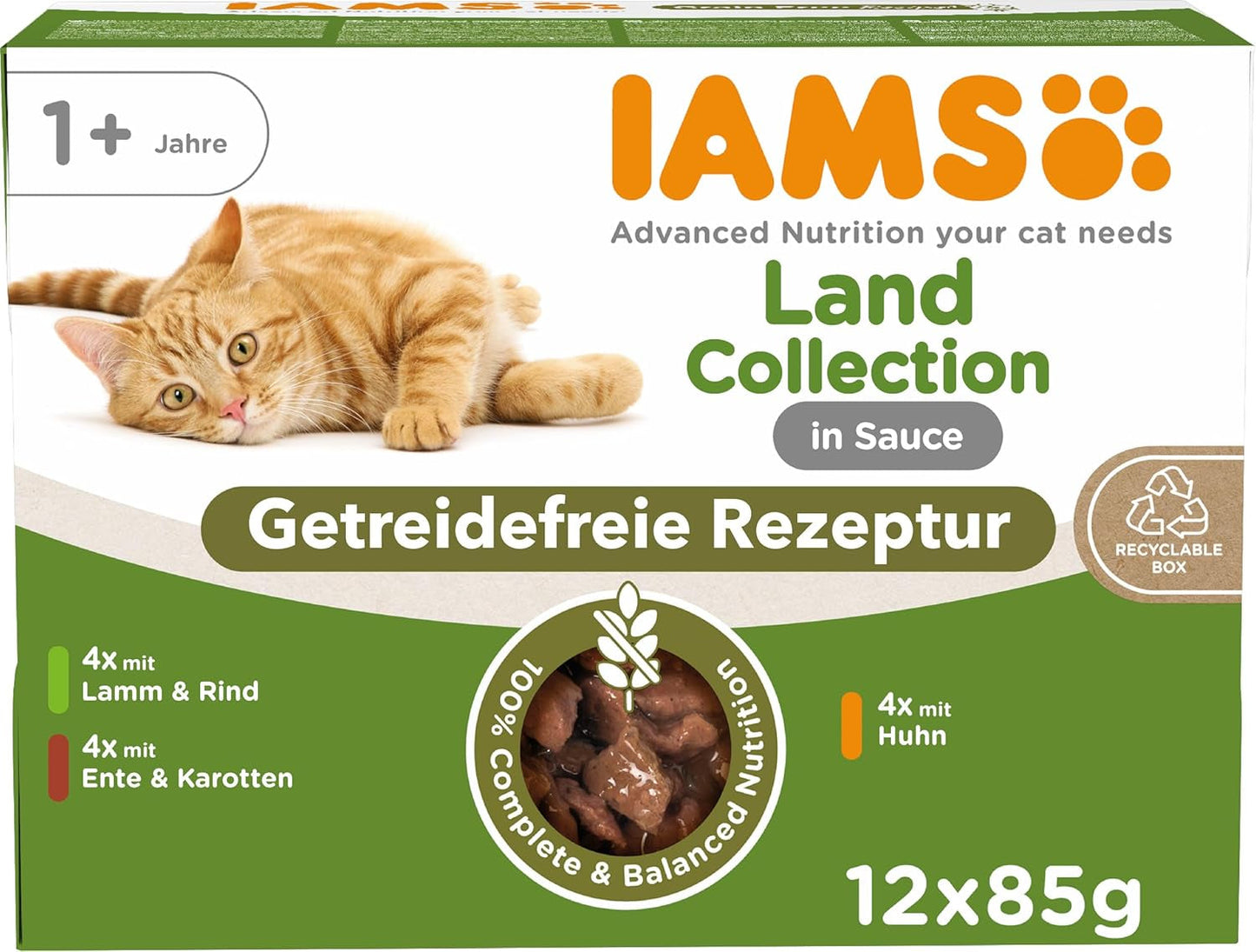 IAMS Delights Land Collection Cibo umido per gatti senza cereali - Confezione con varietà di carne Confezione multipla di cibo umido senza cereali per gatti da 1 anno in su 12 x 85 g