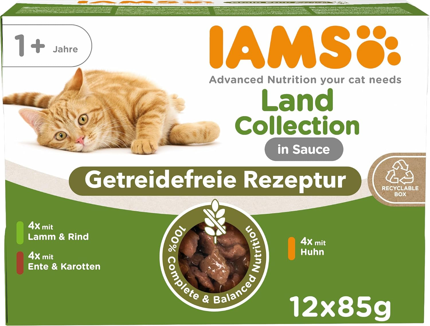 IAMS Delights Land Collection Cibo umido per gatti senza cereali - Confezione con varietà di carne Confezione multipla di cibo umido senza cereali per gatti da 1 anno in su 12 x 85 g