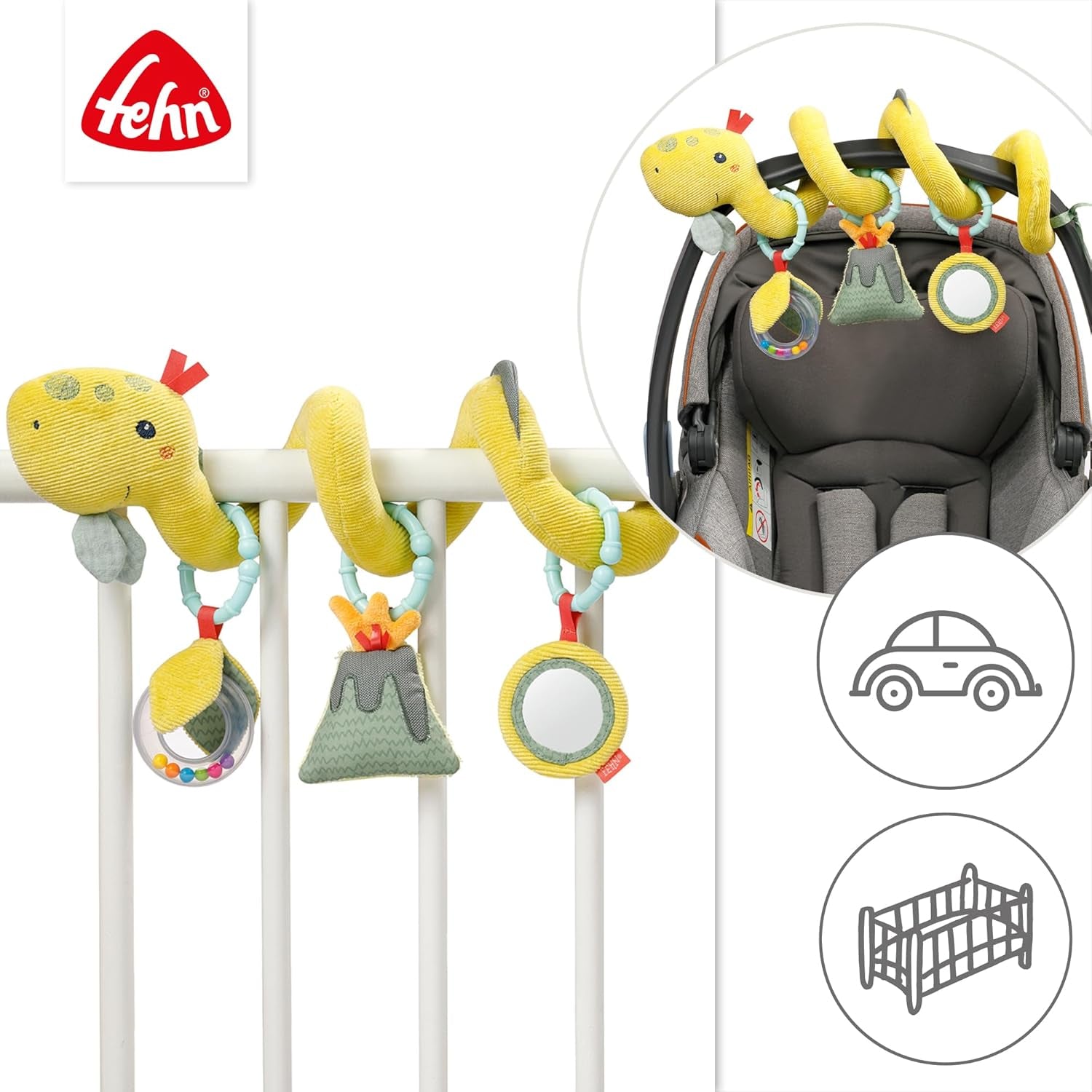 Fehn Activity Spiral Dino - giocattolo per passeggino spingi e tira - dinosauro per lettino, parco giochi, carrozzina e seggiolino auto - gioco di attività motoria per neonati e bambini da 0+ mesi Baby Toys Naty Shop