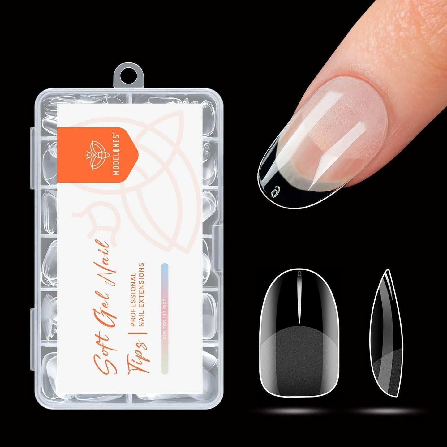 Modelones Nail Tips 216 pezzi - Set di punte per unghie a copertura totale, Set di punte in gel morbido, Punte per unghie in resina PMMA pre-lucidatura, Colla fai-da-te su unghie artificiali, Mandorle corte XS