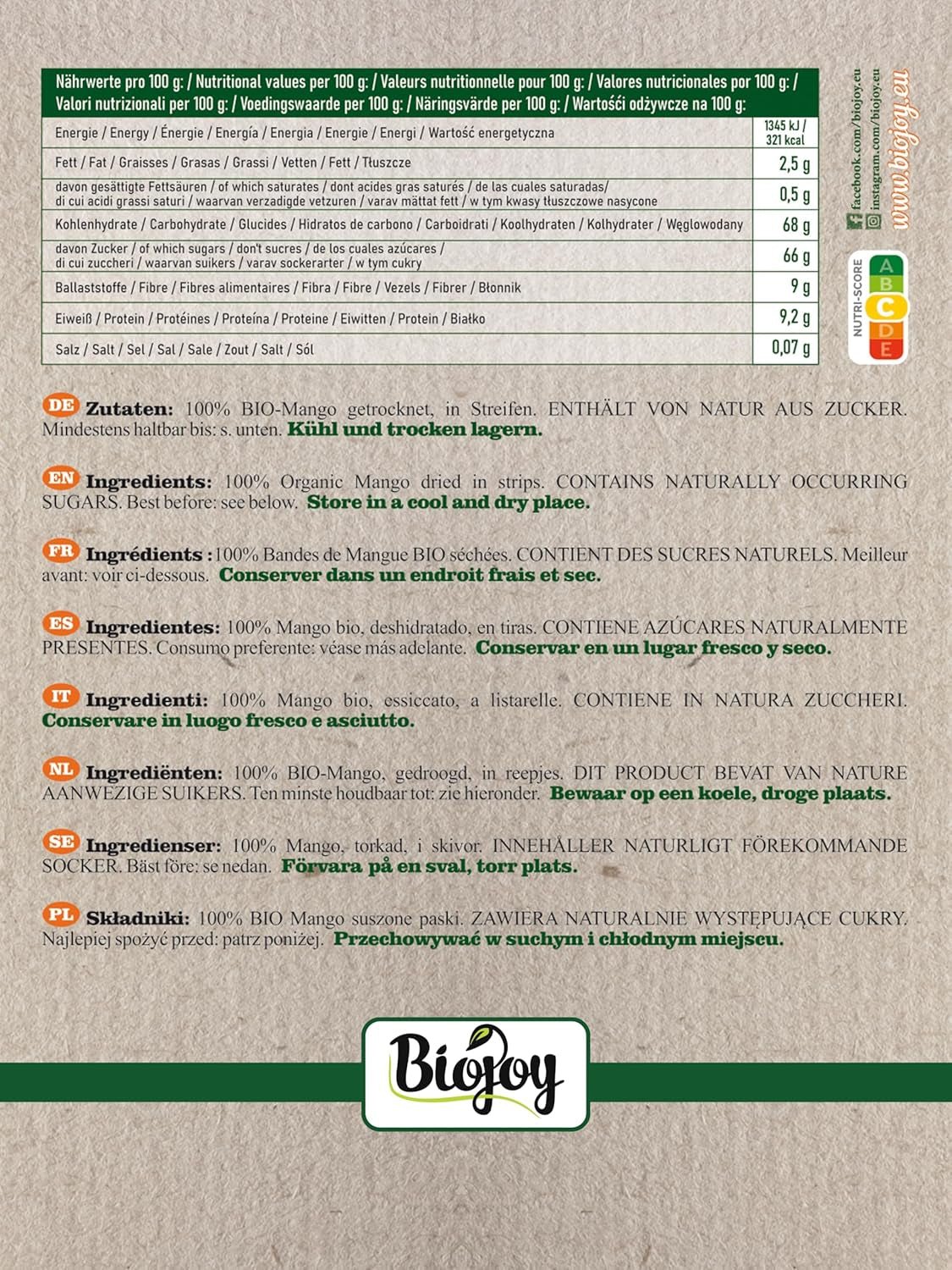 Mango essiccato Biojoy BIO (1 kg), prodotti disidratati Naty Shop non solforati