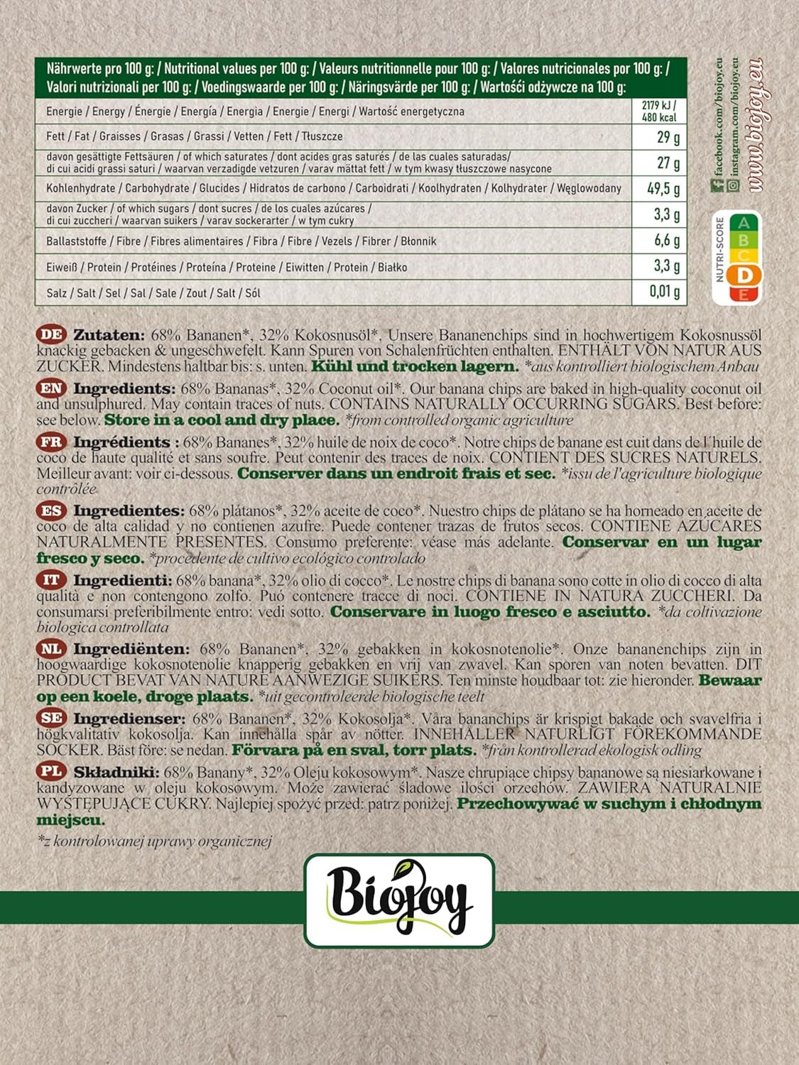 Biojoy chips di banana biologica (500 g), prodotti disidratati Naty Shop essiccati e non solforati