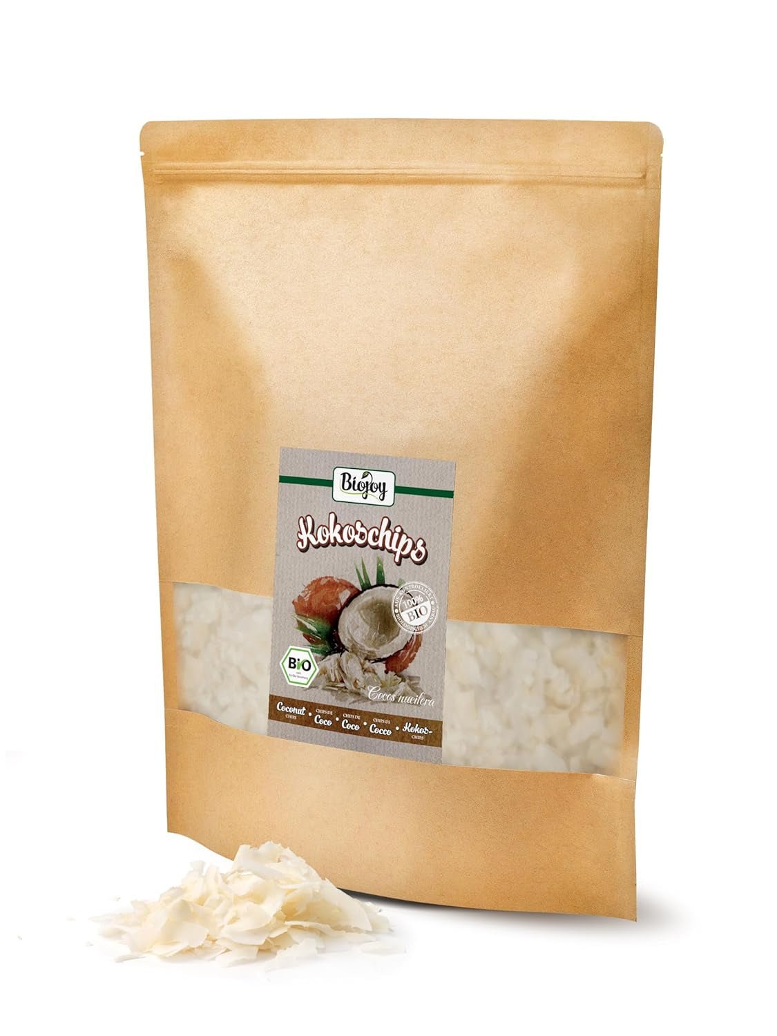 Biojoy scaglie di cocco essiccato biologico (1 kg), non zuccherato e non fritto. Prodotti disidratati Naty Shop
