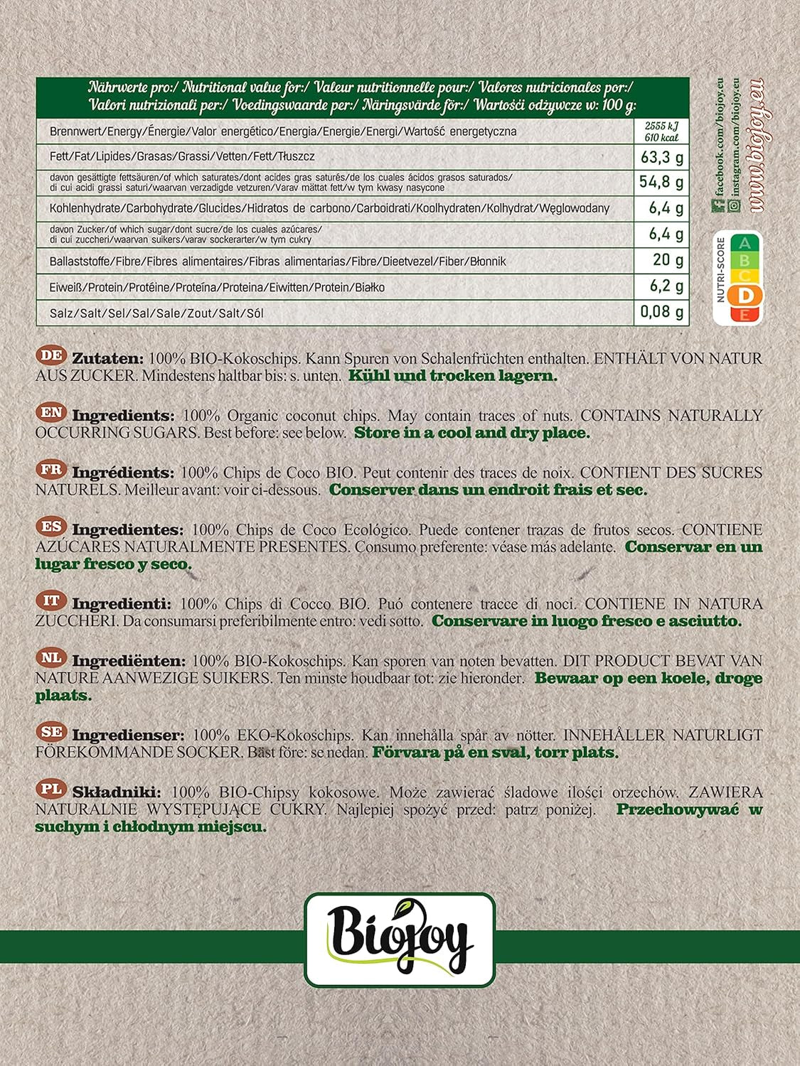 Biojoy scaglie di cocco essiccato biologico (1 kg), non zuccherato e non fritto. Prodotti disidratati Naty Shop