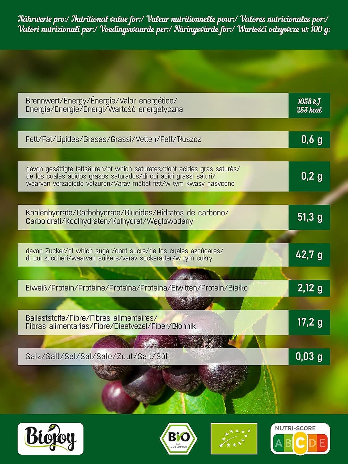 Frutti di Aronia Biologici Biojoy (1 kg), secchi e interi (Aronia melanocarpa) Prodotti disidratati Naty Shop