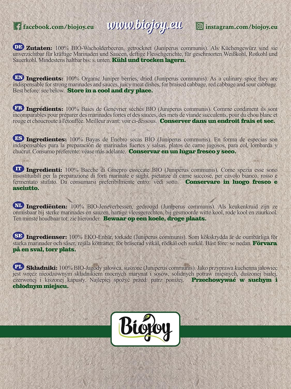 Frutti di ginepro biologico Biojoy (250 g), essiccati e interi, senza additivi (Juniperus communis) Prodotti disidratati Naty Shop