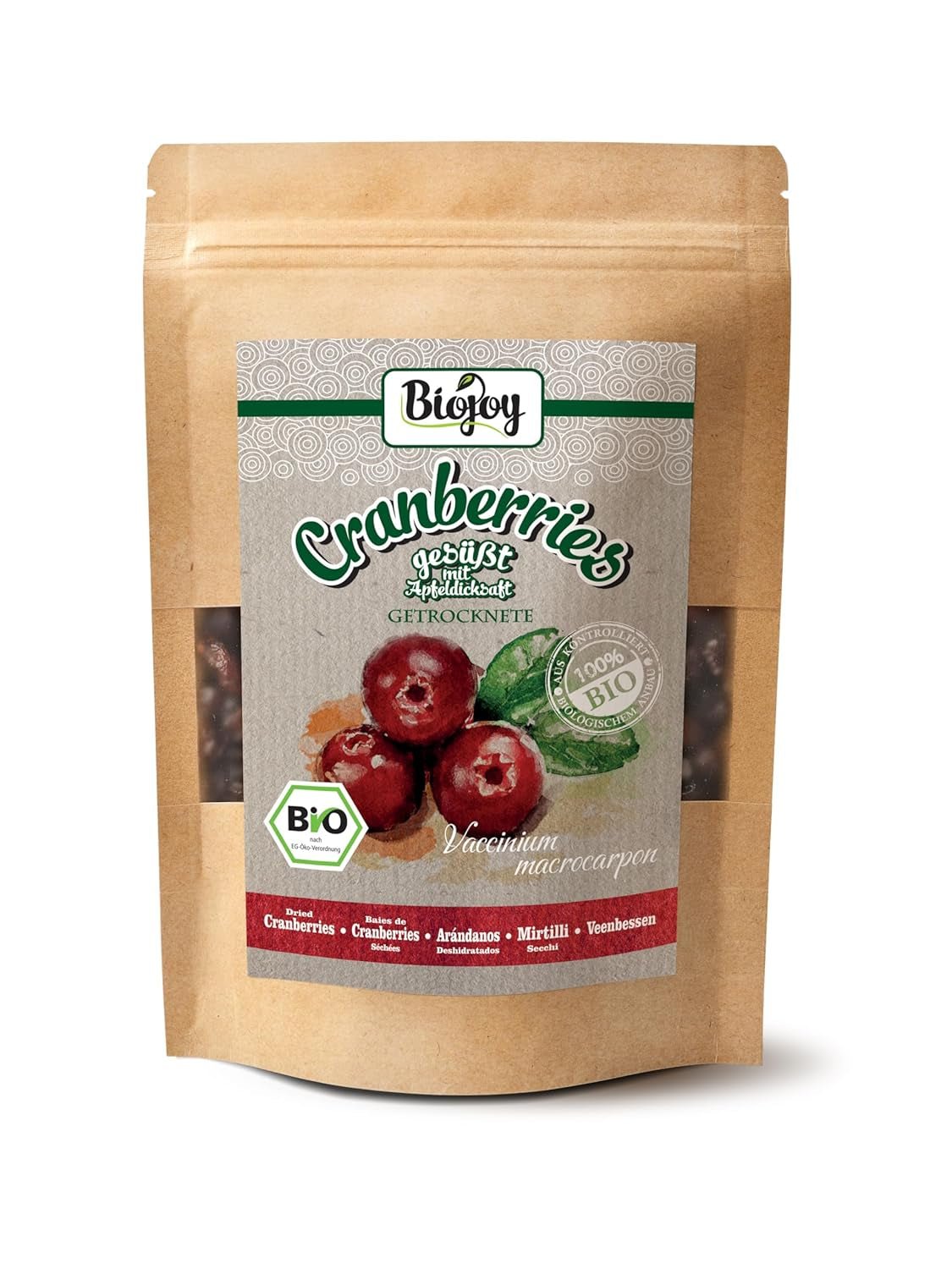 Mirtilli rossi secchi biologici Biojoy (1 kg), mirtilli rossi dolcificati con sciroppo di mela Prodotti disidratati Naty Shop 250 G