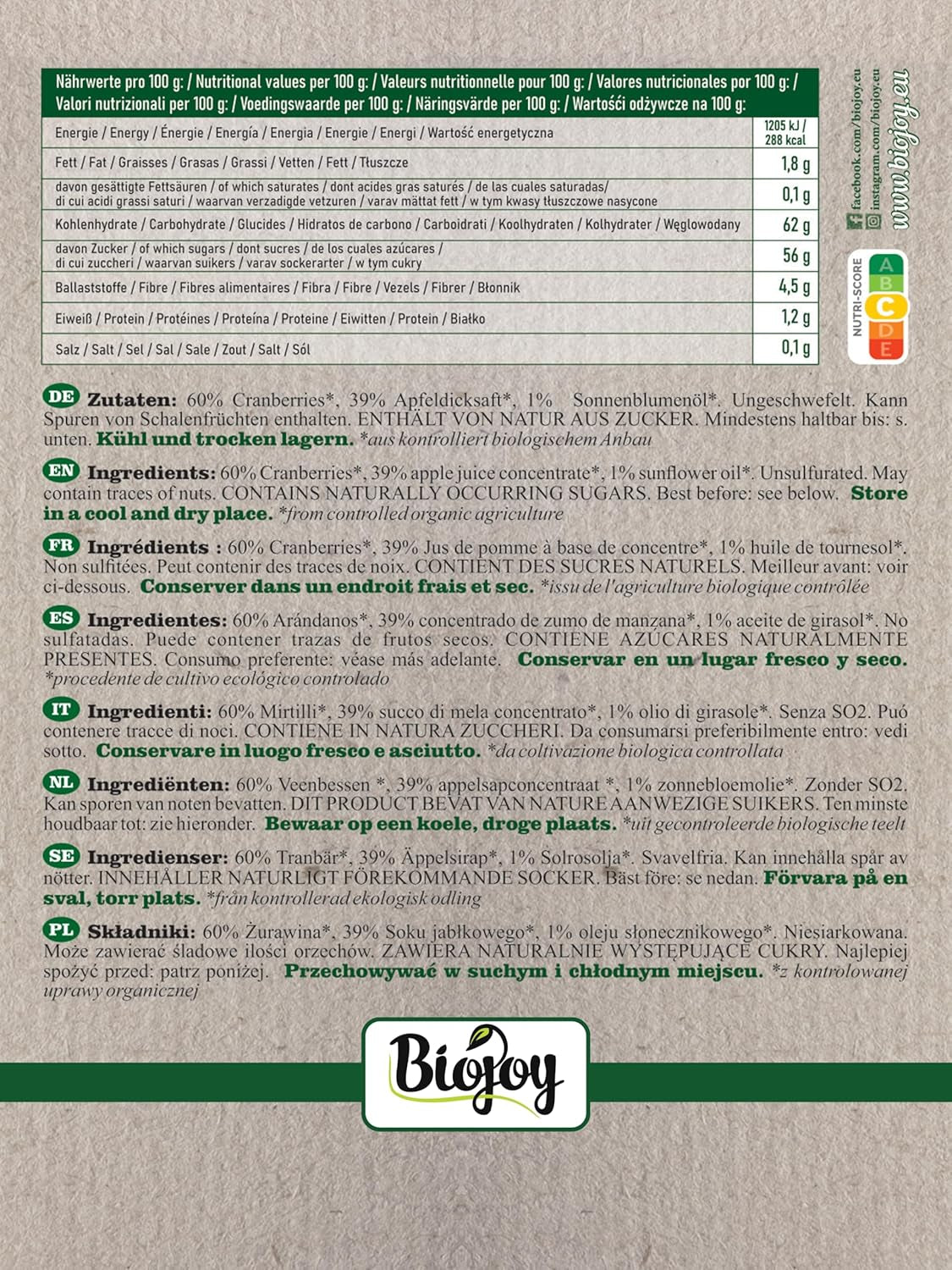 Mirtilli rossi secchi biologici Biojoy (1 kg), mirtilli rossi dolcificati con sciroppo di mela Prodotti disidratati Naty Shop