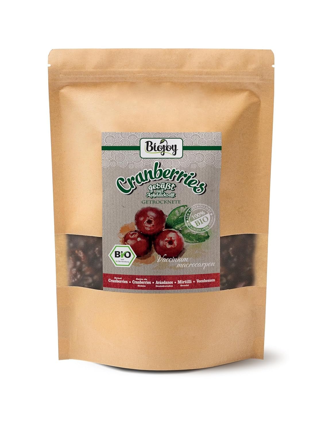 Mirtilli rossi secchi biologici Biojoy (1 kg), mirtilli rossi dolcificati con sciroppo di mela Prodotti disidratati Naty Shop 1 kg (1 confezione)