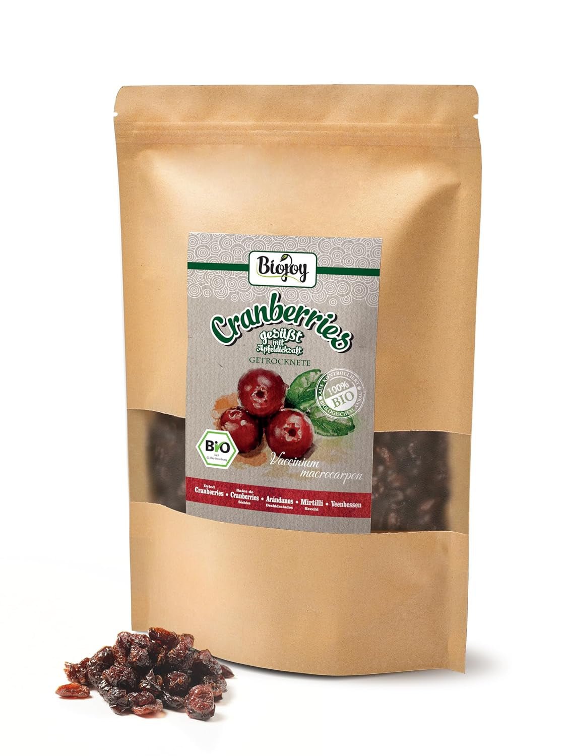 Mirtilli rossi secchi biologici Biojoy (1 kg), mirtilli rossi dolcificati con sciroppo di mela Prodotti disidratati Naty Shop