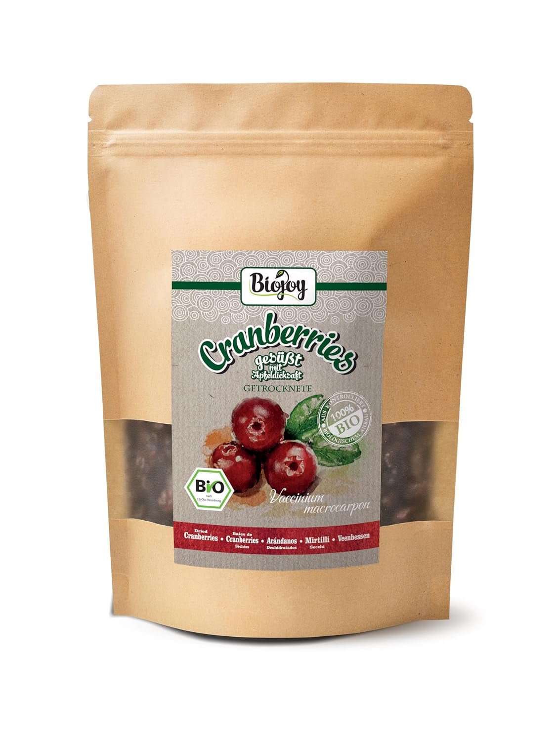 Mirtilli rossi secchi biologici Biojoy (1 kg), mirtilli rossi dolcificati con sciroppo di mela Prodotti disidratati Naty Shop 500 G