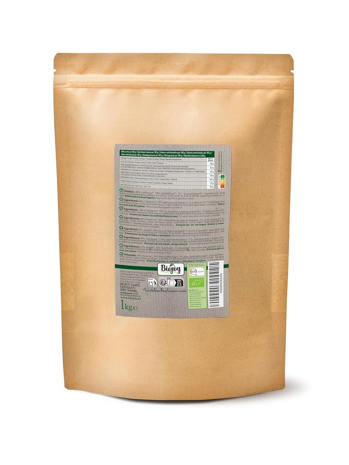 Mirtilli rossi secchi biologici Biojoy (1 kg), mirtilli rossi dolcificati con sciroppo di mela Prodotti disidratati Naty Shop