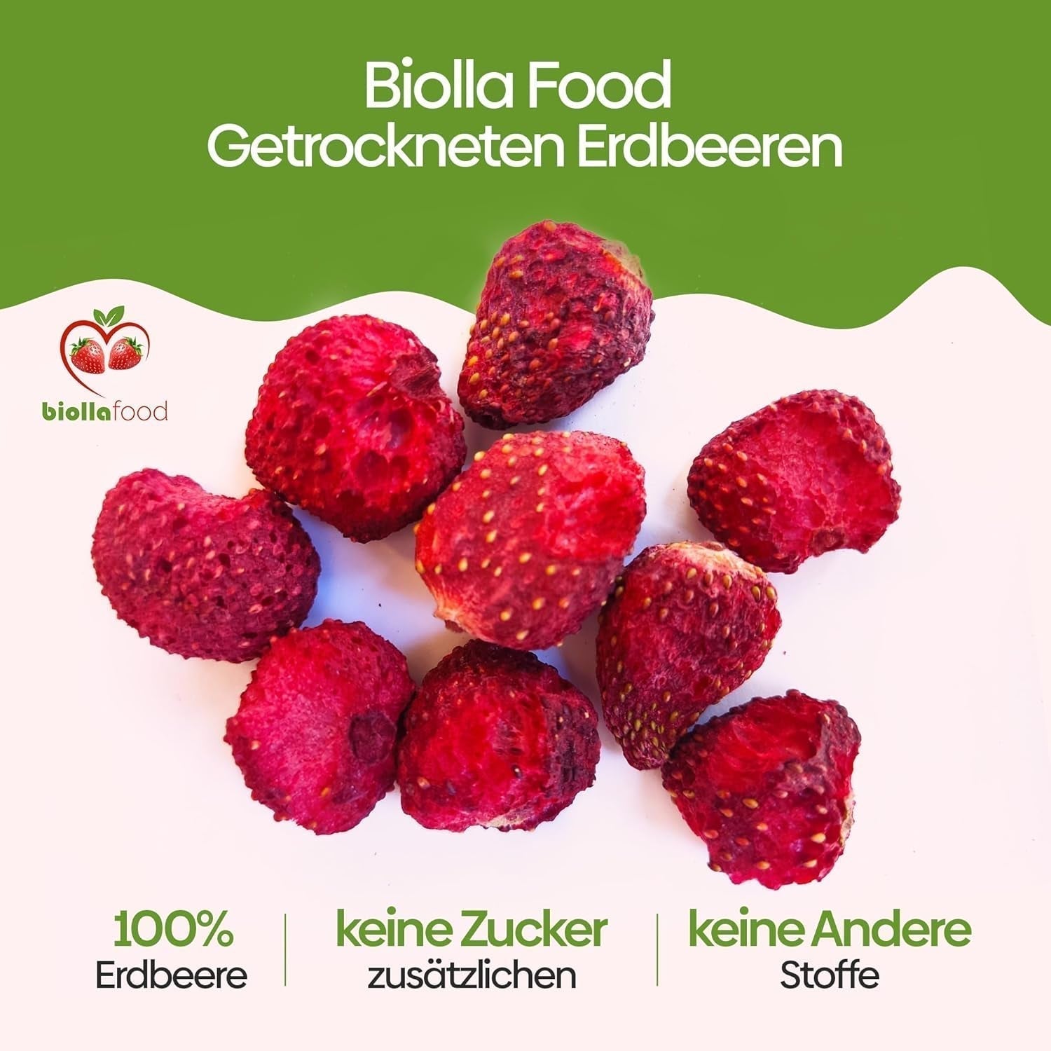 biolla food fragole secche intere, 0,5 kg, 100% naturali. Spuntini salutari per i bambini. Ideale per frullati, muesli d'avena, tè e porridge. Lunga durata. VEGAN, SENZA GLUTINE, CRUDI Naty Shop Prodotti disidratati