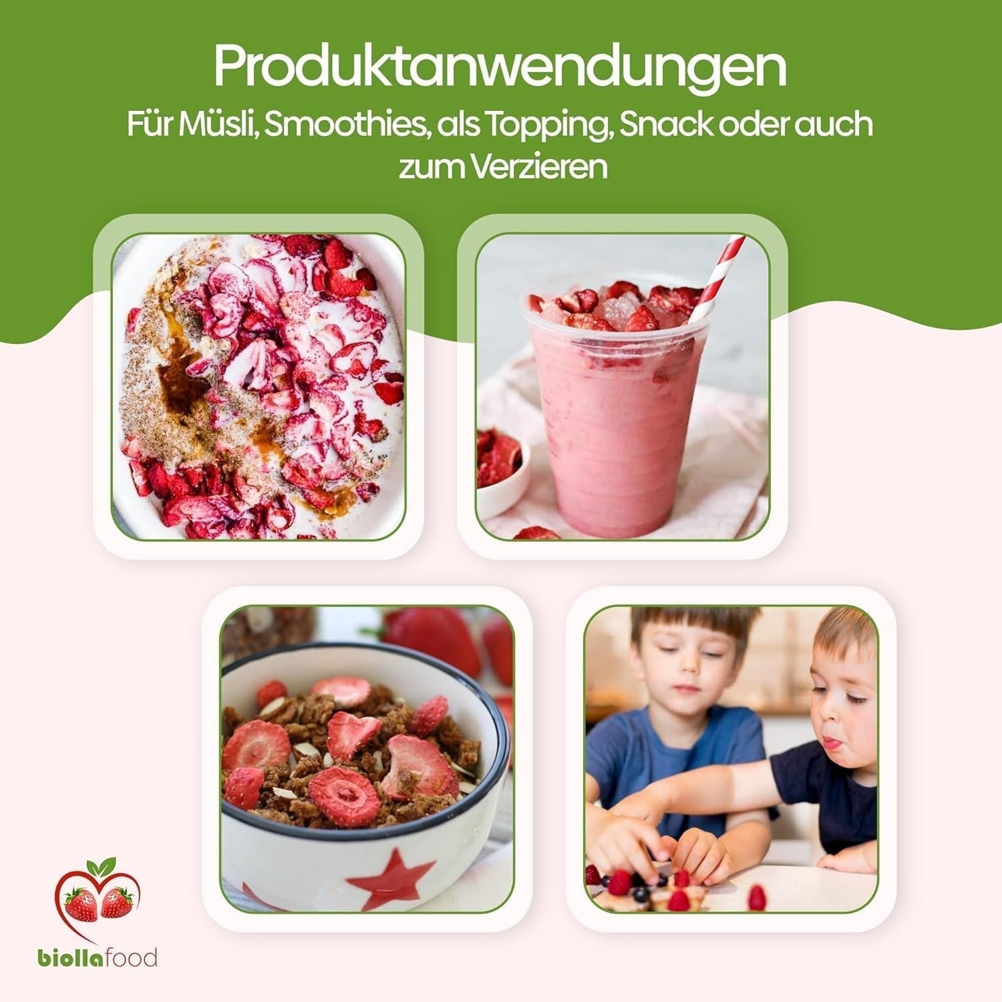 biolla food fragole secche intere, 0,5 kg, 100% naturali. Spuntini salutari per i bambini. Ideale per frullati, muesli d'avena, tè e porridge. Lunga durata. VEGAN, SENZA GLUTINE, CRUDI Naty Shop Prodotti disidratati