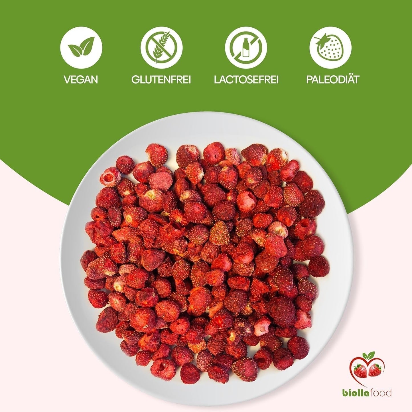 biolla food fragole secche intere, 0,5 kg, 100% naturali. Spuntini salutari per i bambini. Ideale per frullati, muesli d'avena, tè e porridge. Lunga durata. VEGAN, SENZA GLUTINE, CRUDI Naty Shop Prodotti disidratati