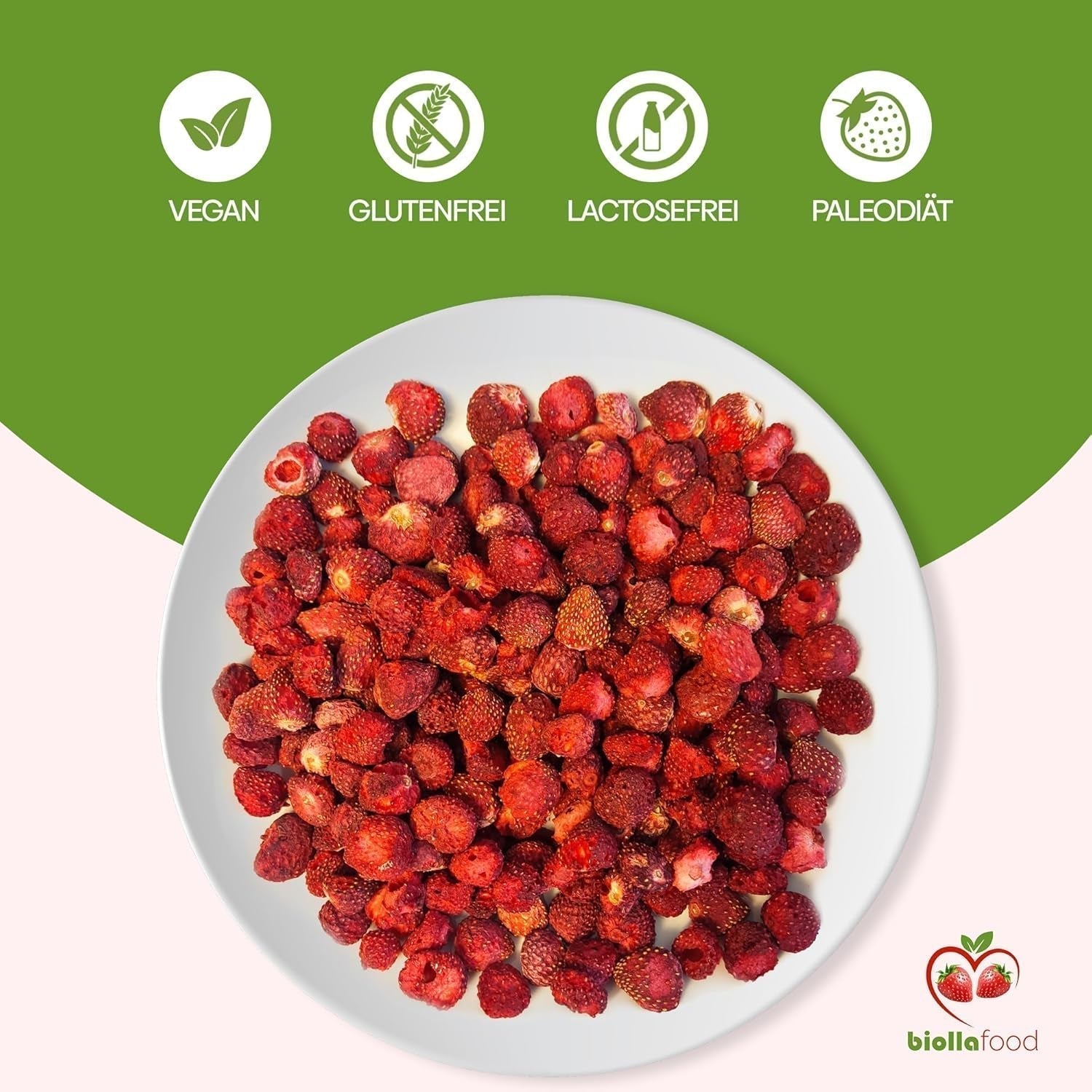 biolla food fragole secche intere, 0,5 kg, 100% naturali. Spuntini salutari per i bambini. Ideale per frullati, muesli d'avena, tè e porridge. Lunga durata. VEGAN, SENZA GLUTINE, CRUDI Naty Shop Prodotti disidratati