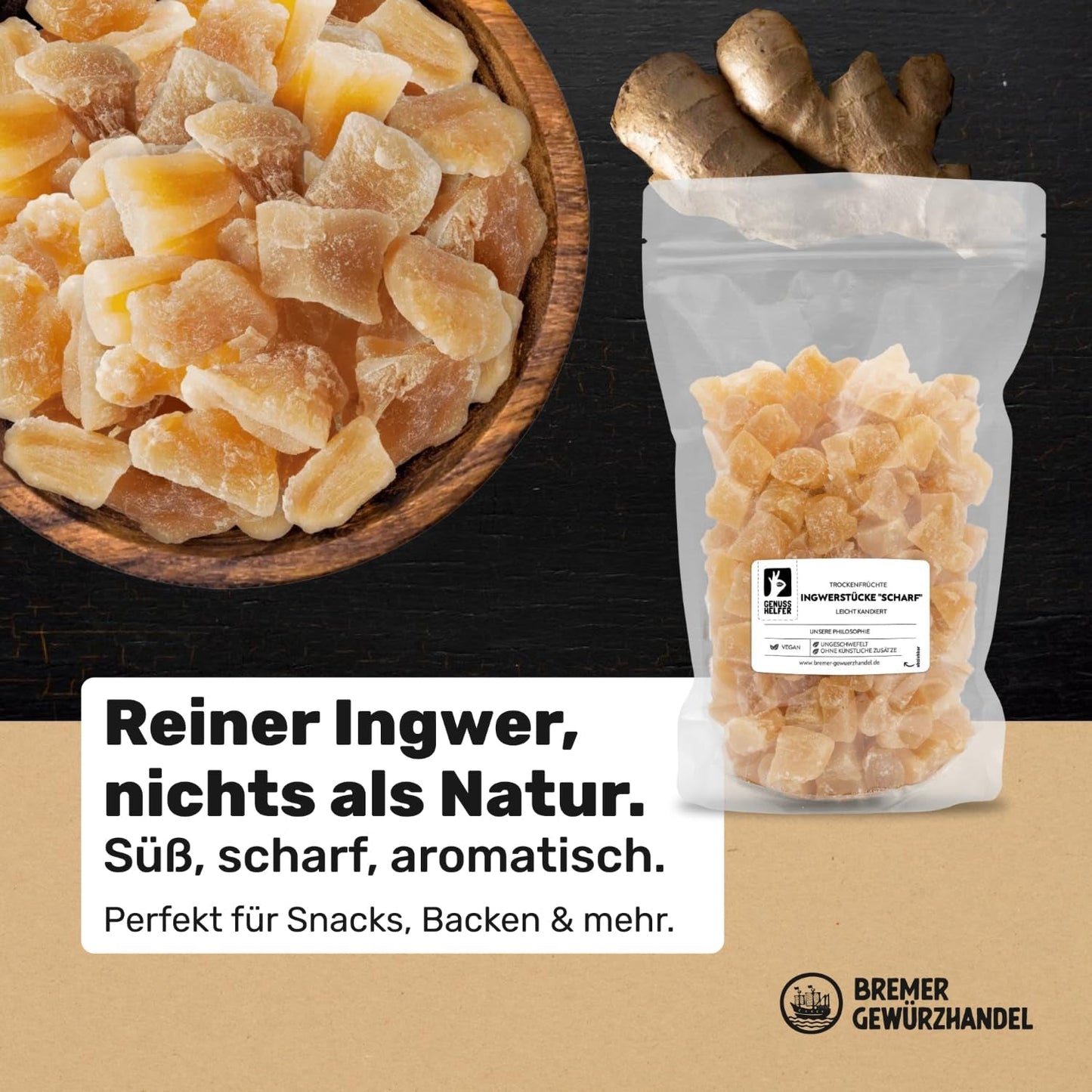 Bremer Gewürzhandel zenzero, pezzi di frutta secca speziata, aromatica, speziata, non solforata, 1kg Prodotti disidratati Naty Shop