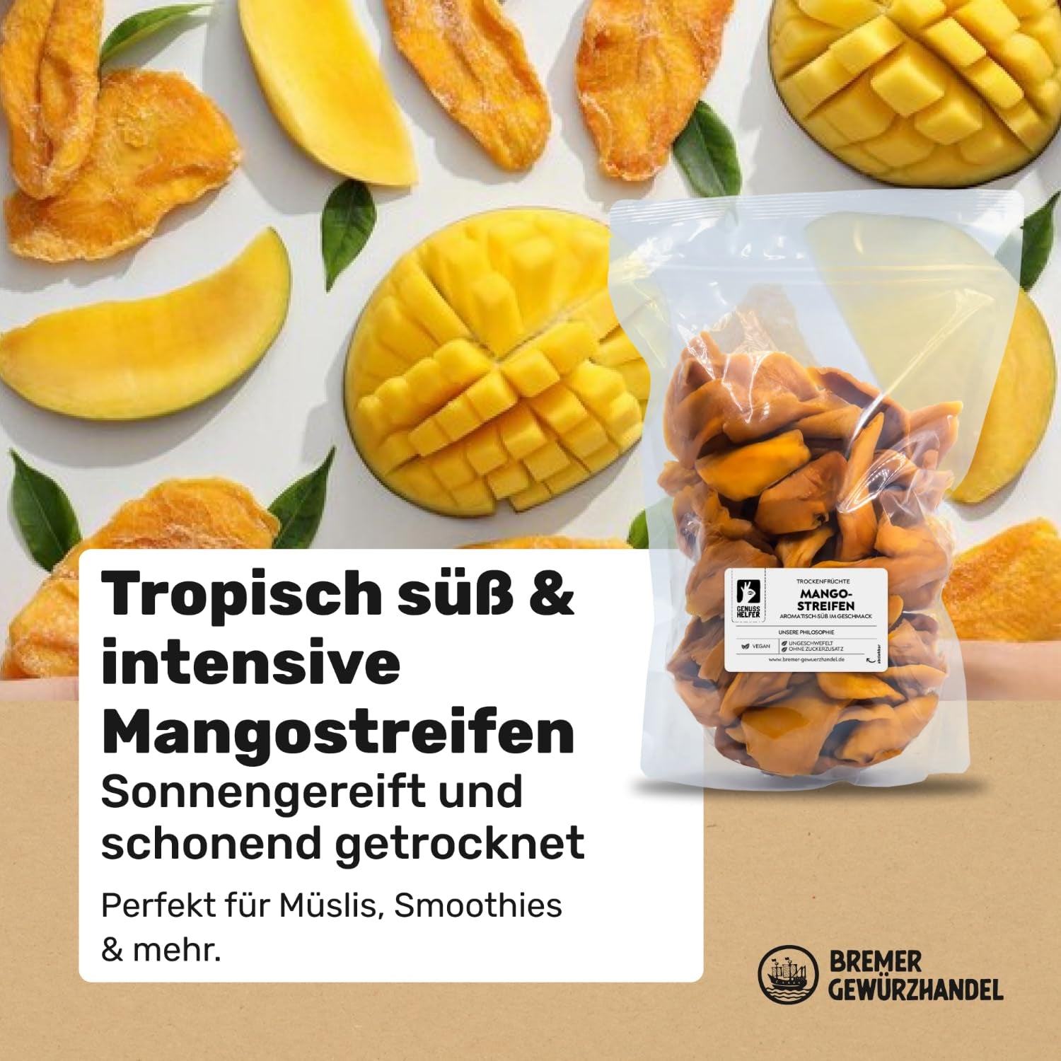 Mango Bremer Gewürzhandel, strisce di mango essiccate, non solforato, senza zuccheri aggiunti, 1kg Prodotti disidratati Naty Shop