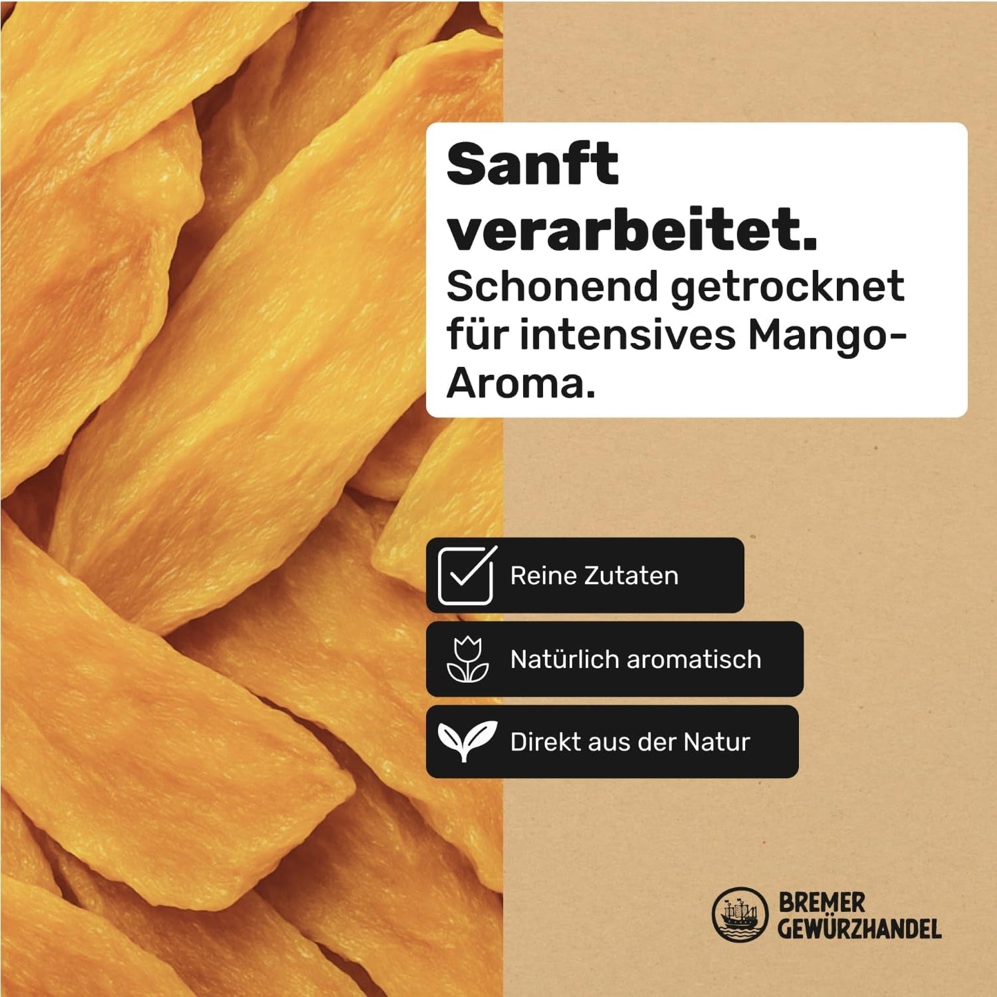Mango Bremer Gewürzhandel, strisce di mango essiccate, non solforato, senza zuccheri aggiunti, 1kg Prodotti disidratati Naty Shop
