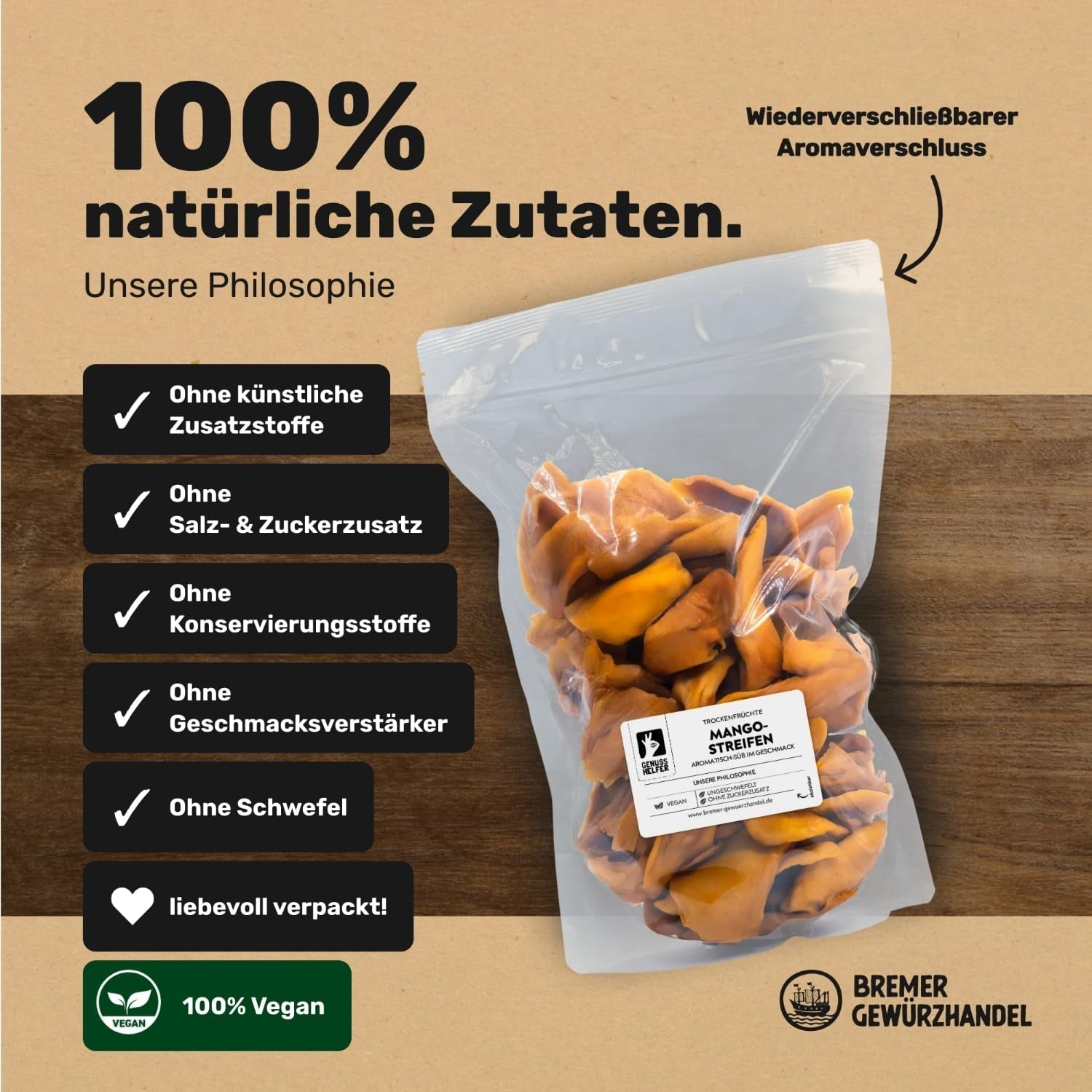 Mango Bremer Gewürzhandel, strisce di mango essiccate, non solforato, senza zuccheri aggiunti, 1kg Prodotti disidratati Naty Shop