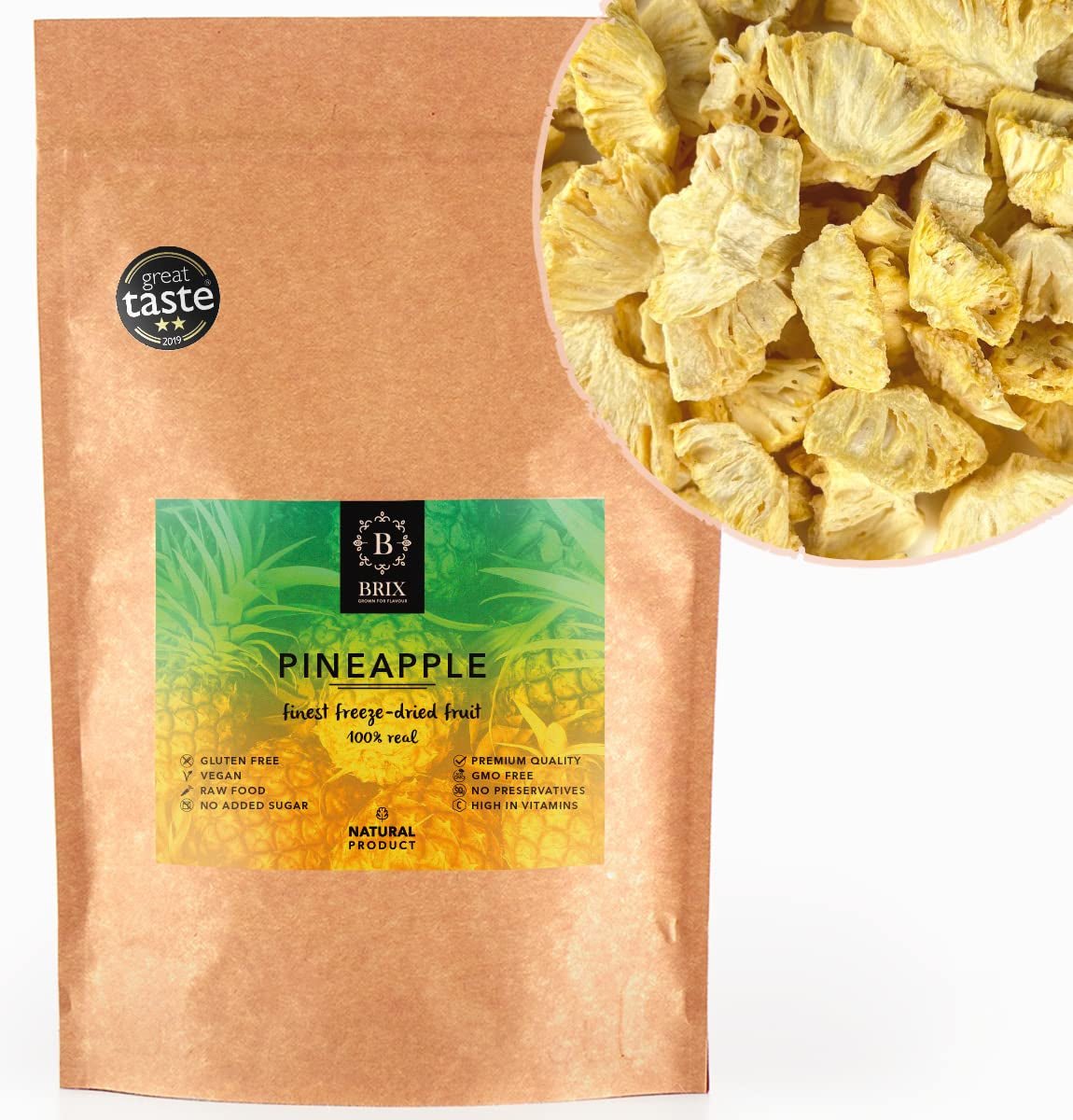 BRIX Ananas liofilizzato | Ananas essiccato al naturale 95 g | Frutta secca del Great Taste Award, ananas liofilizzato | Non OGM, Senza Glutine, Vegano, Vitamine Trattenute Naty Shop Prodotti disidratati Titolo predefinito