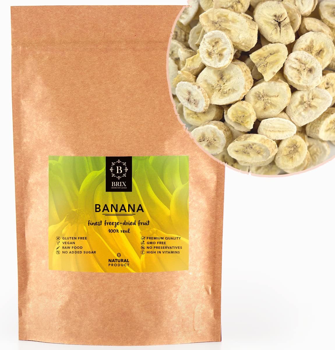Banane liofilizzate BRIX | Banane naturali, essiccate 140 g | Great Taste Award per la frutta secca, essiccata | Non OGM, Senza Glutine, Vegano, Vitamine Conservate Naty Shop Prodotti disidratati Titolo predefinito