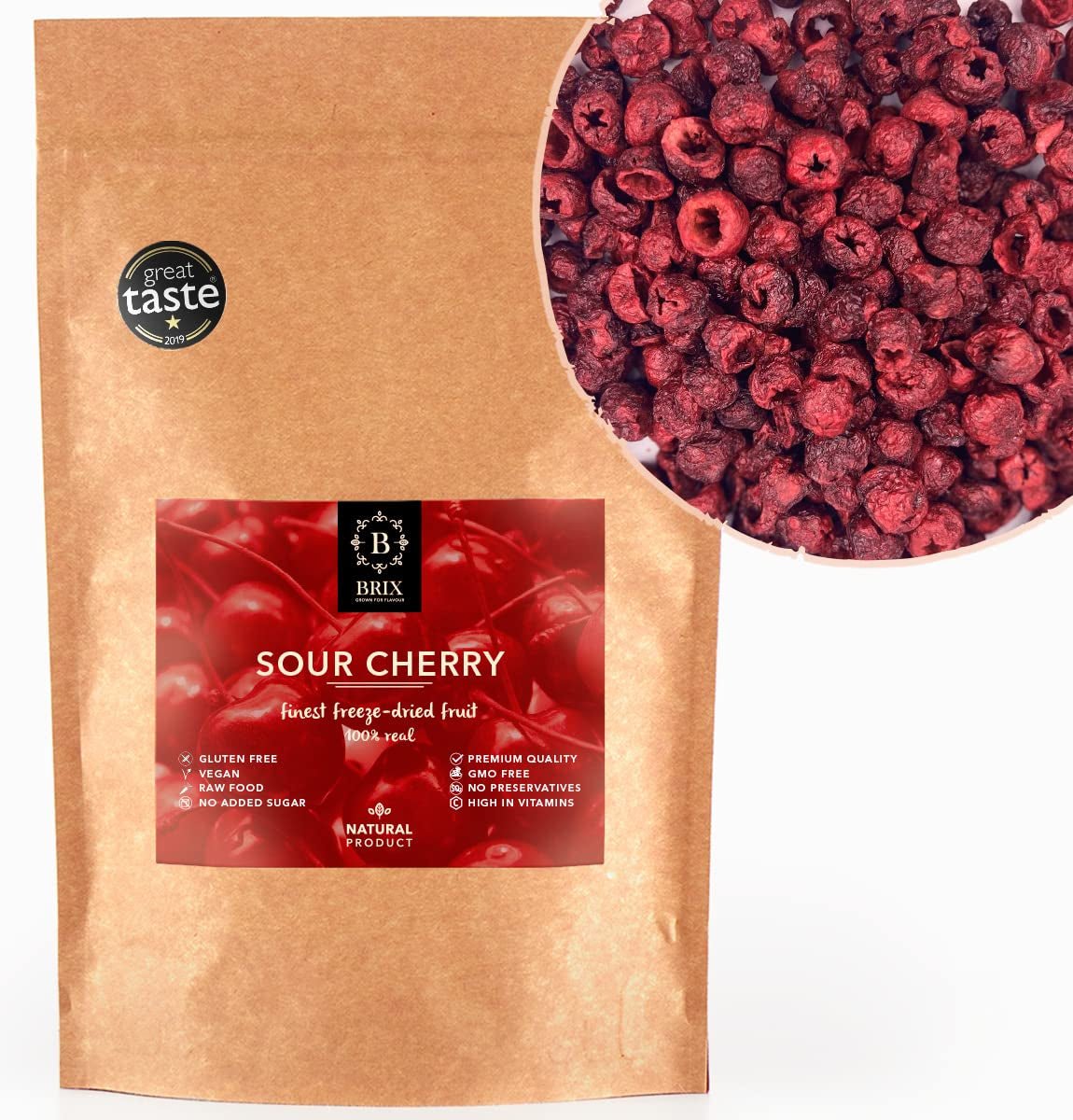 BRIX Ciliegie amare liofilizzate | Ciliegie secche al naturale 105g | Premio Gran Gusto Frutta Secca, Ciliegie Amare Secche | Le vitamine vegane senza glutine non OGM sono conservate Prodotti disidratati Naty Shop Titolo predefinito
