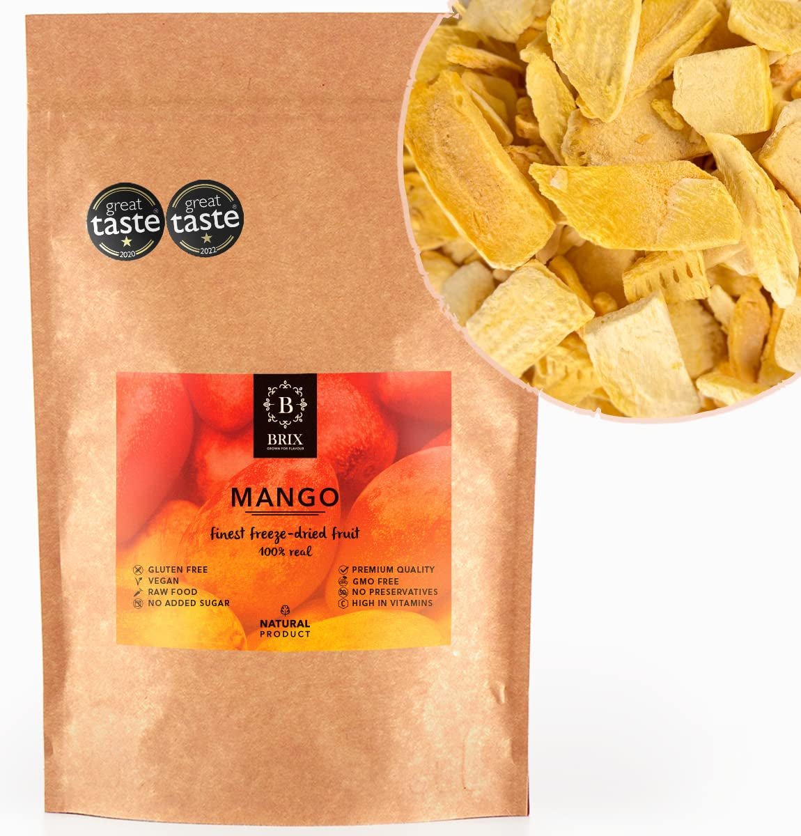 BRIX Mango liofilizzato | Fette di mango essiccato al naturale 95 g | Frutta secca del Great Taste Award, mango liofilizzato | Non OGM, Senza Glutine, Vegano, Vitamine Trattenute Naty Shop Prodotti disidratati Titolo predefinito