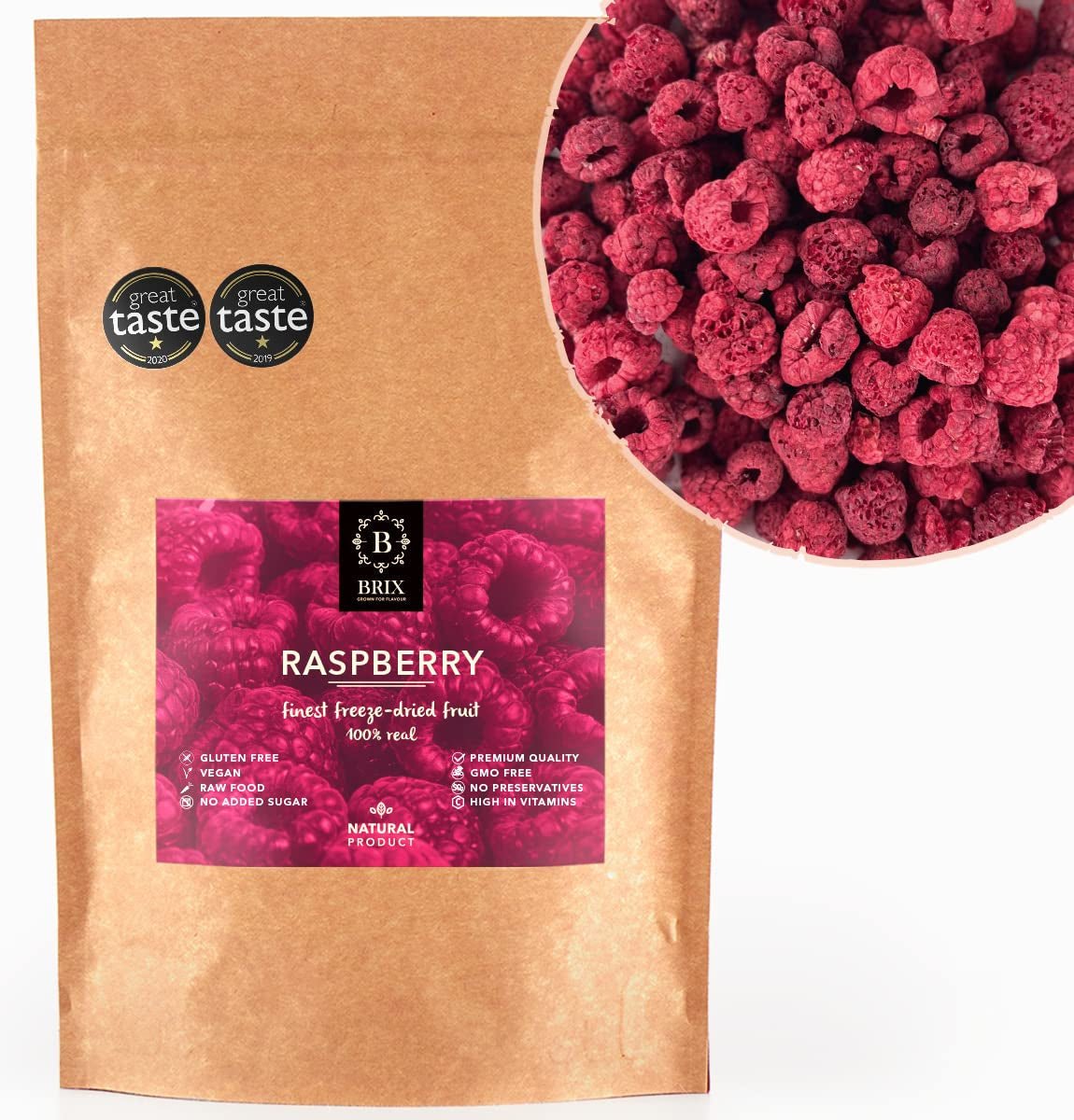 Lamponi secchi BRIX | Lampone naturale, liofilizzato 85 g | Premio Gran Gusto per la Frutta Secca | Non OGM, Senza Glutine, Vegano, Vitamine Conservate Naty Shop Prodotti disidratati Titolo predefinito