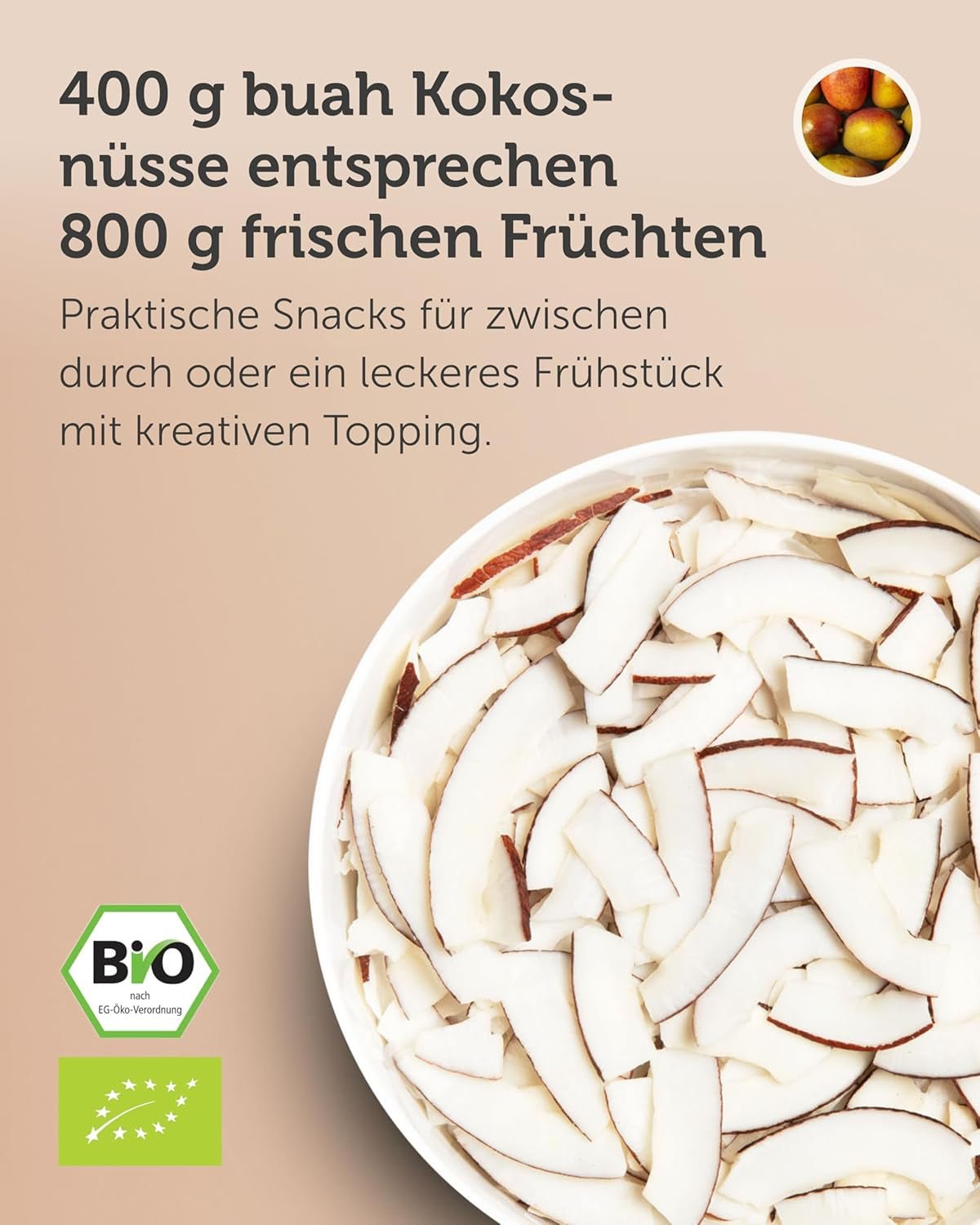 BUAH® Scaglie di cocco essiccate | Patatine di cocco biologiche, snack, muesli e patatine di cocco da forno | Sostituto ideale per caramelle | Vegano e senza zuccheri aggiunti | 400g di prodotti disidratati Naty Shop