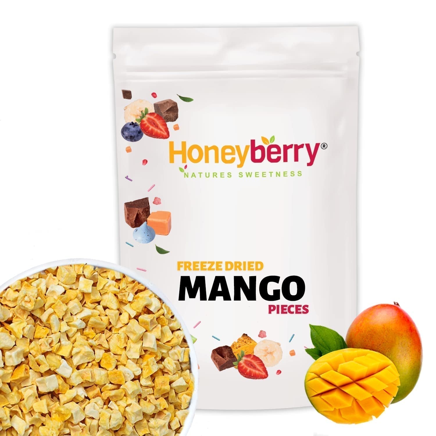 Pezzi di mango liofilizzato 100g - Frutta liofilizzata - Frutta secca liofilizzata - Mango essiccato - Perfetto per snack, prodotti da forno, muesli, frullati e dessert Prodotti disidratati Naty Shop 100G