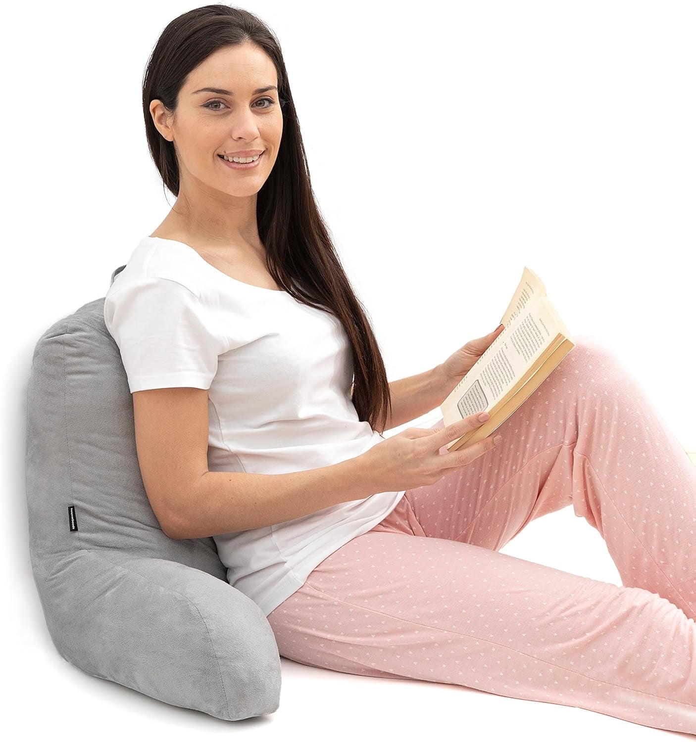 Cuscino da lettura con braccioli InnovaGoods Huglow per divano, letto e tappeto, cuscino da lettura con supporto lombare e maniglia per il trasporto, ergonomico, previene disagio e dolore, grigio