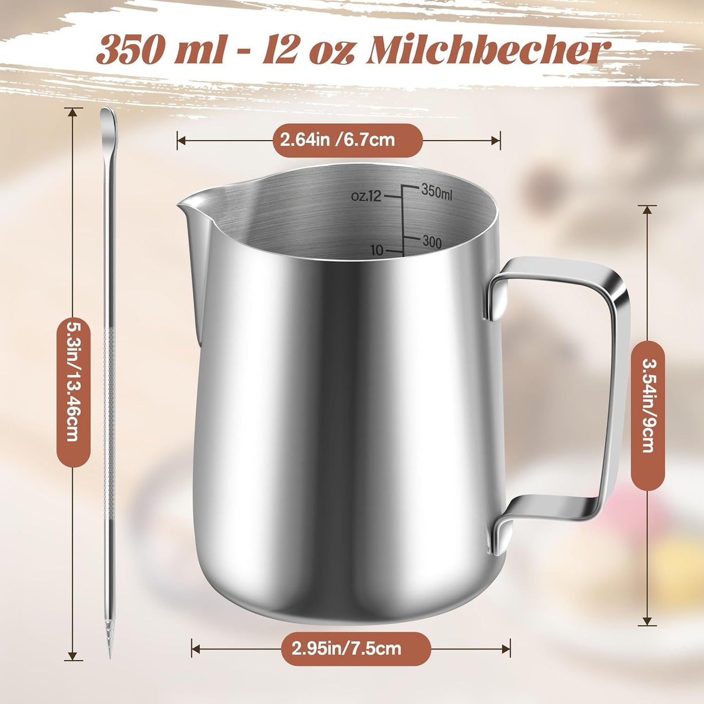 Tazza da latte, Tazza da latte in acciaio inossidabile da 350 ml con segno di misurazione, Accessorio Barista, Tazza da latte per cappuccino, Espresso, Latte Art, Amanti del caffè, Argento, 355 ml