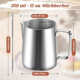 Tazza da latte, Tazza da latte in acciaio inossidabile da 350 ml con segno di misurazione, Accessorio Barista, Tazza da latte per cappuccino, Espresso, Latte Art, Amanti del caffè, Argento, 355 ml
