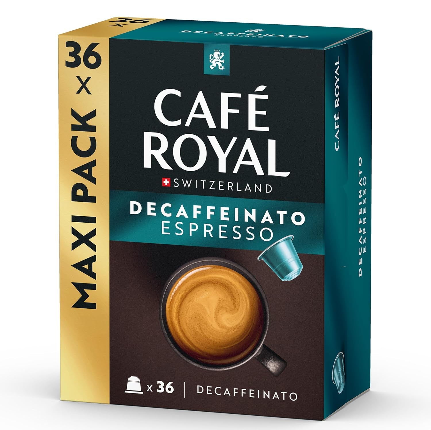 Café Royal Espresso Decaffeinato – Capsule di caffè compatibili Nespresso®, 100% Arabica, Intensità 6/12, Rainforest Alliance, decaffeinato, 36 capsule